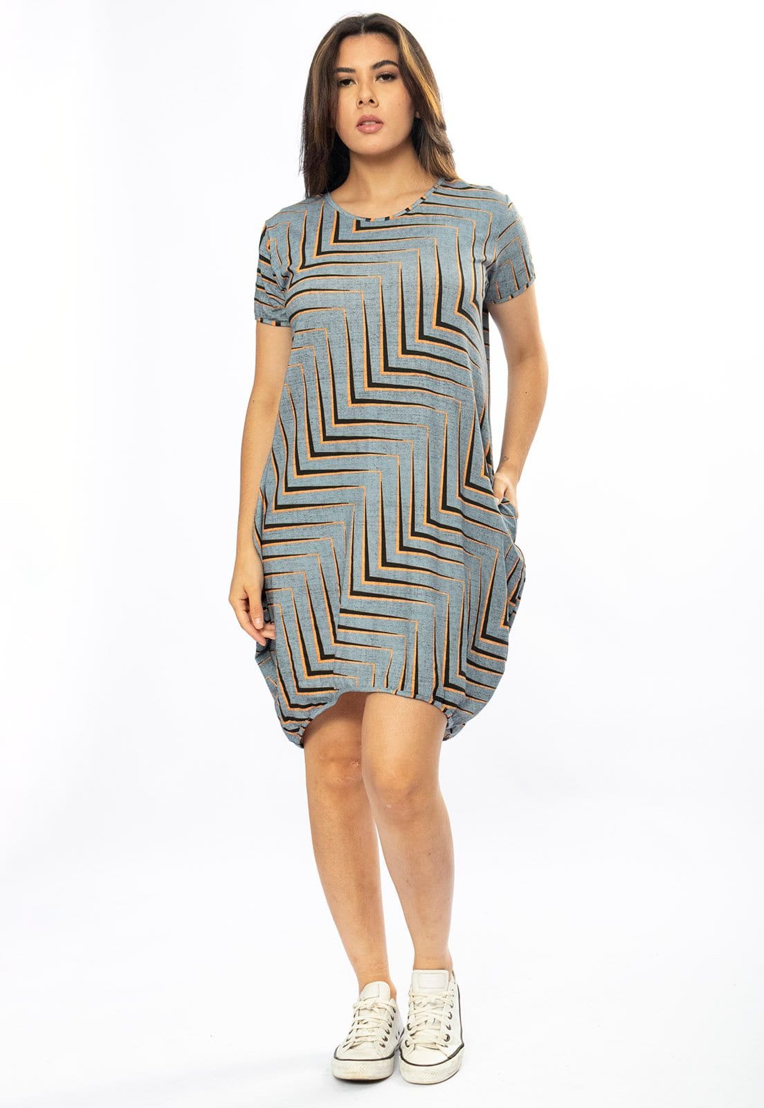 Vista principal Vestido Curto Cabanafree Malha Amplo Always Estampa Murici Cabanafree estampado/laranja/preto