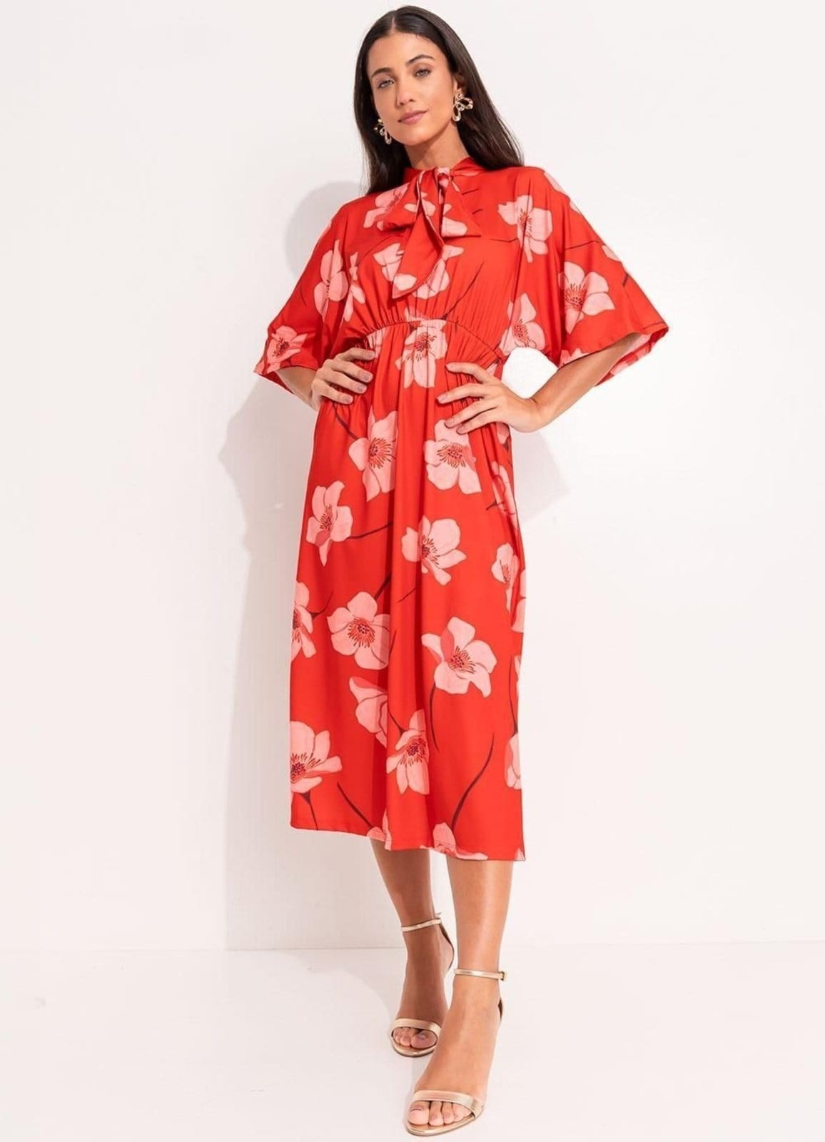 Vestido Midi Malha Fria Flores Colorido