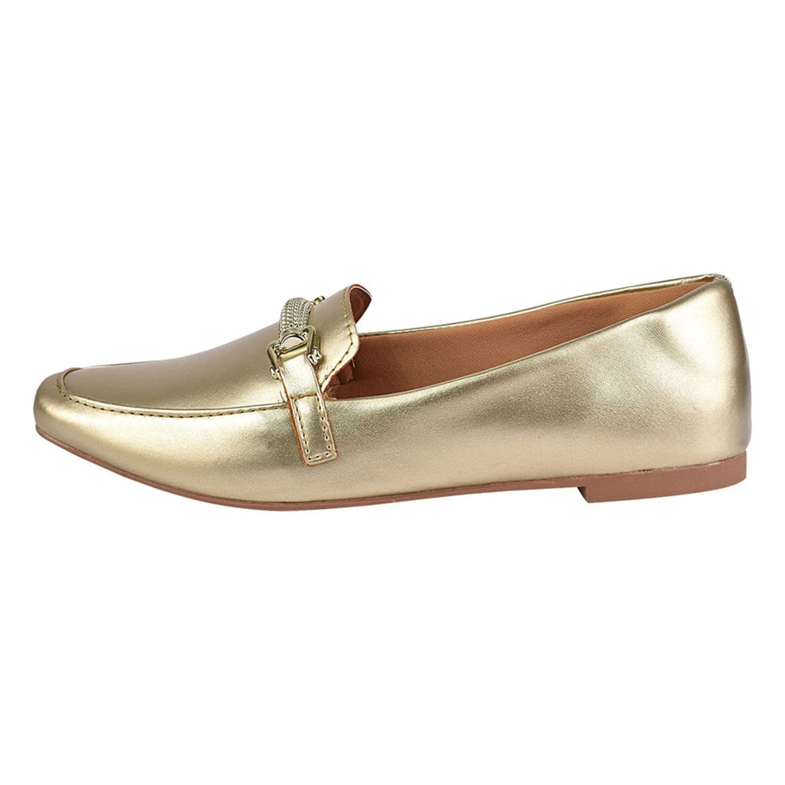 Vista 2 Sapato Feminino Mocassim CM Calçados Bico Quadrado Confort Sapatilha Social Ouro Light Monte Shoes dourado