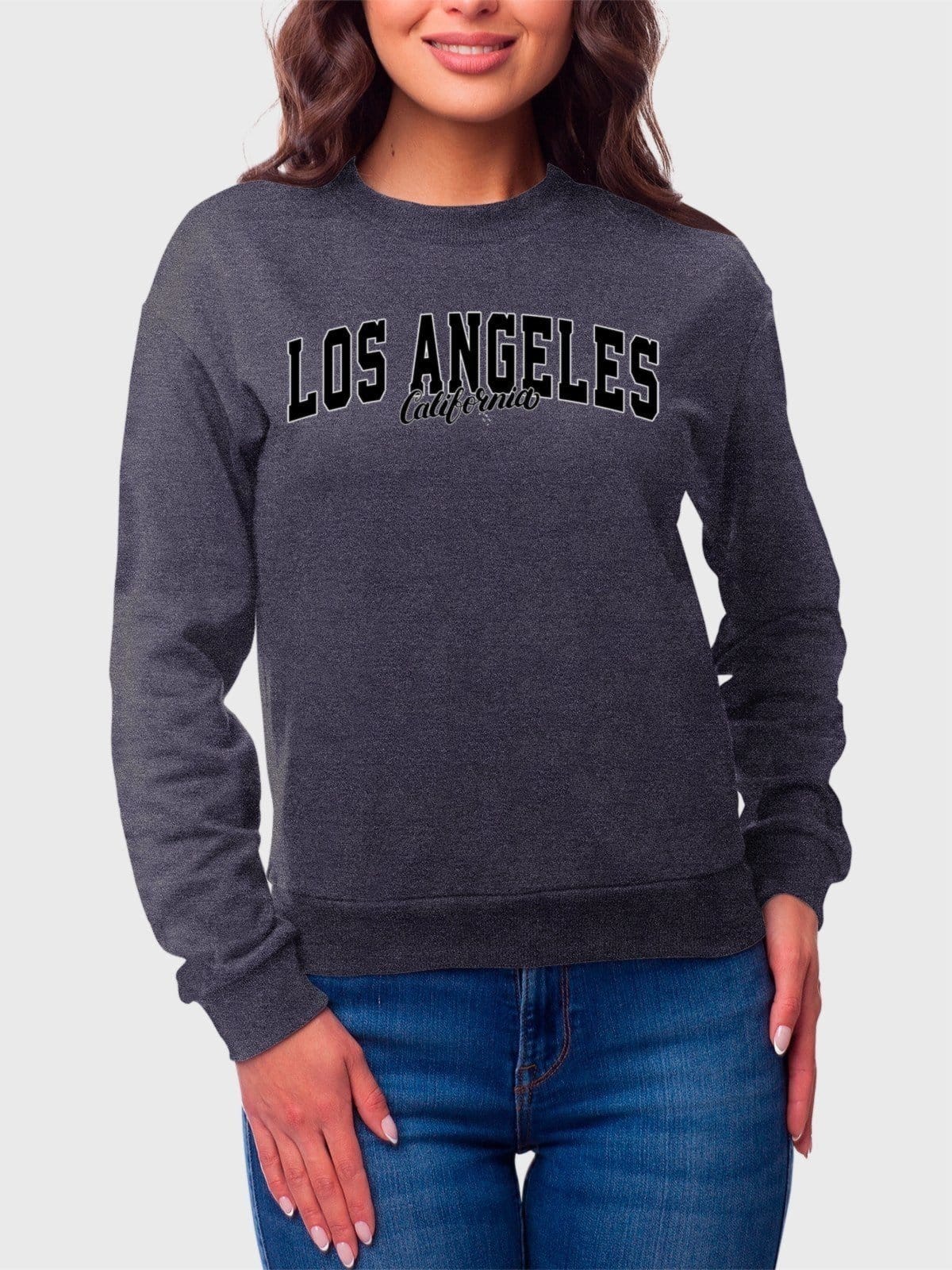 Moletom Gola Redonda Feminino Flanelado Estampa Los Angeles Chumbo