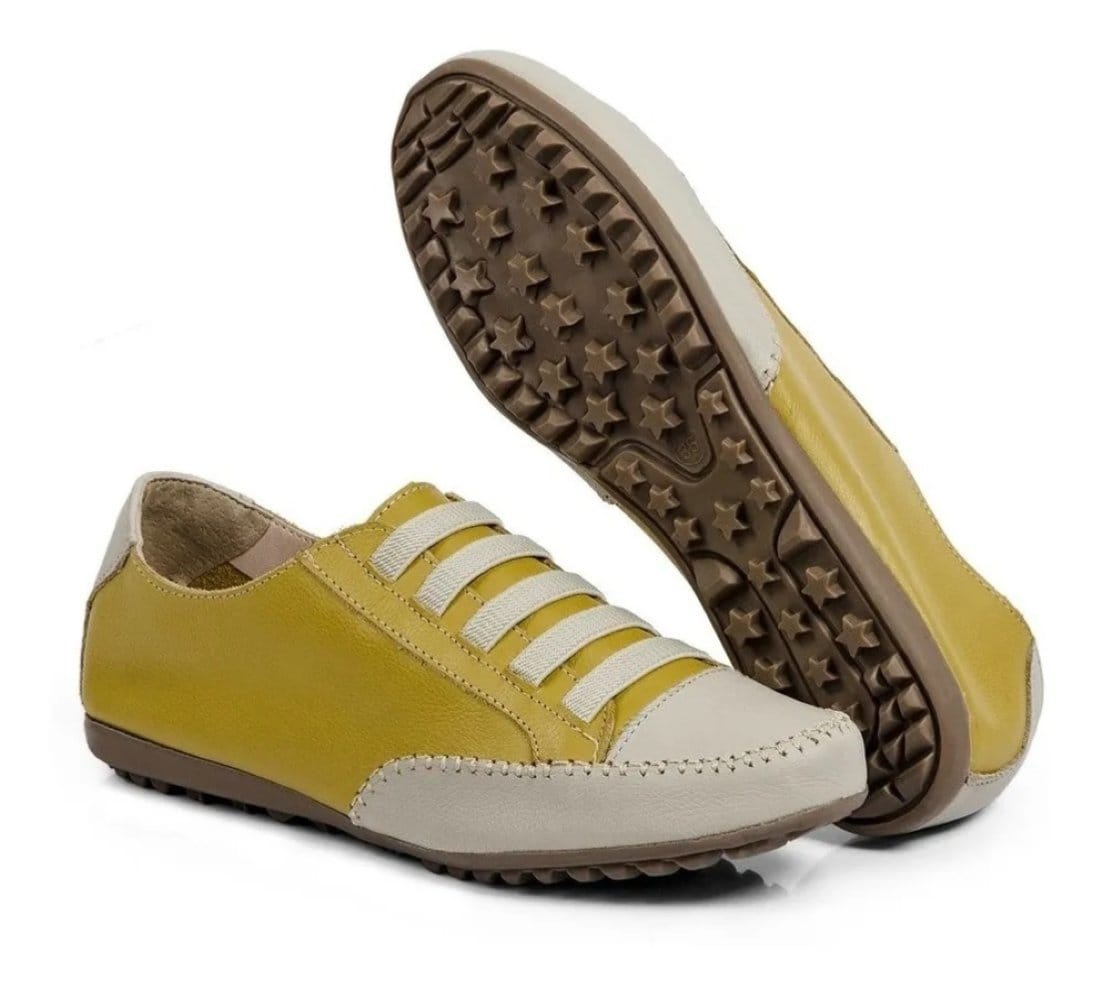 Vista principal Sapatênis Feminino Confortável de Couro Brasileiro ROMEU E JULIETA SHOES amarelo