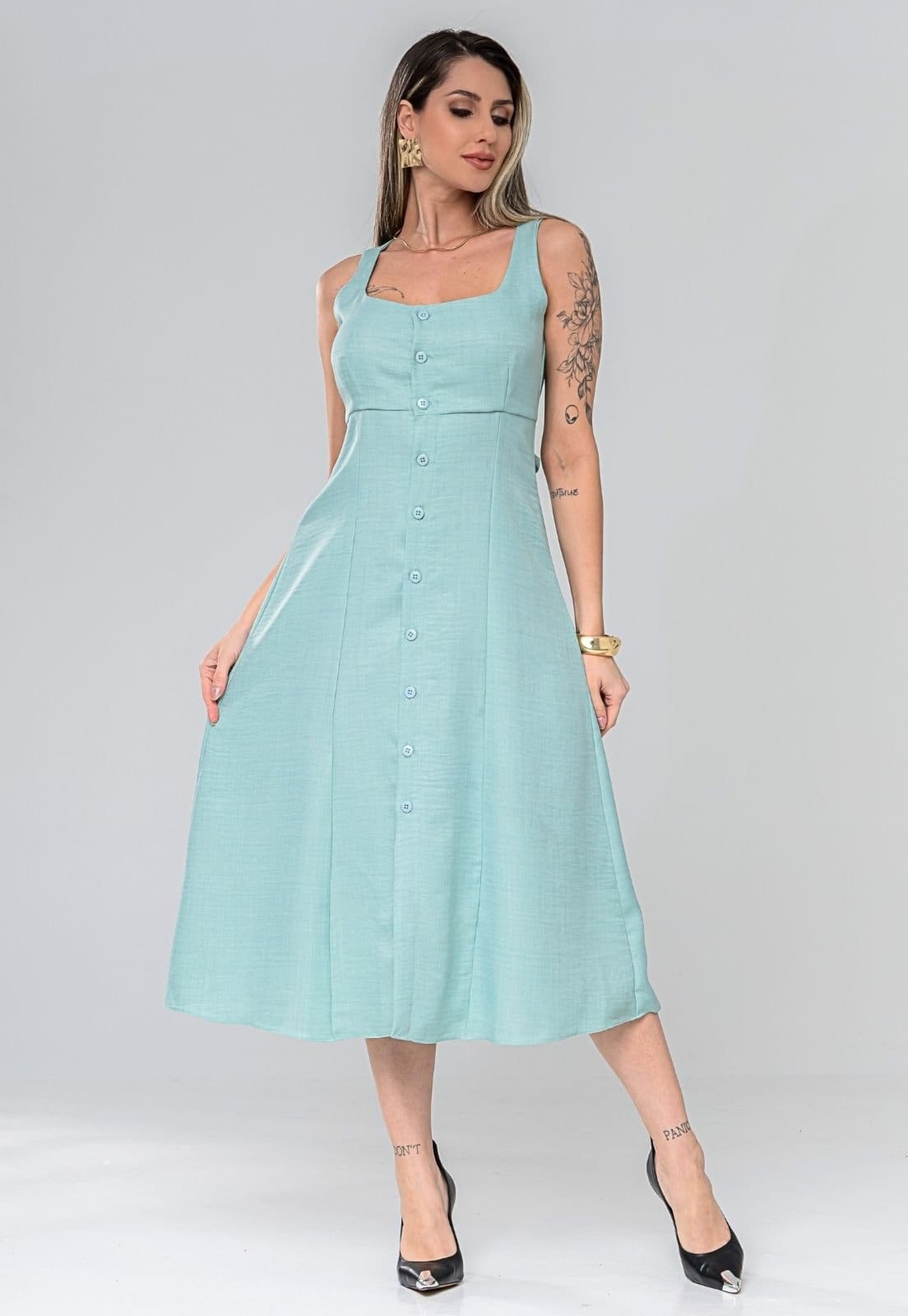 Vista principal Vestido Mid Regata Fechamento Com Botões Frontais Moda Verão Casual Amarração Confortável Claro Docce Mulher azul