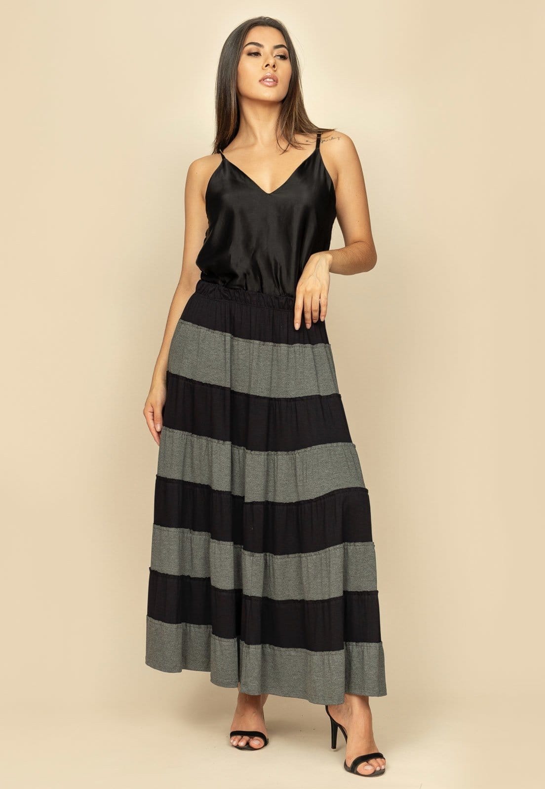 Saia Midi Cajapió Malha Camadas Bicolor Preta e Mescla - 2