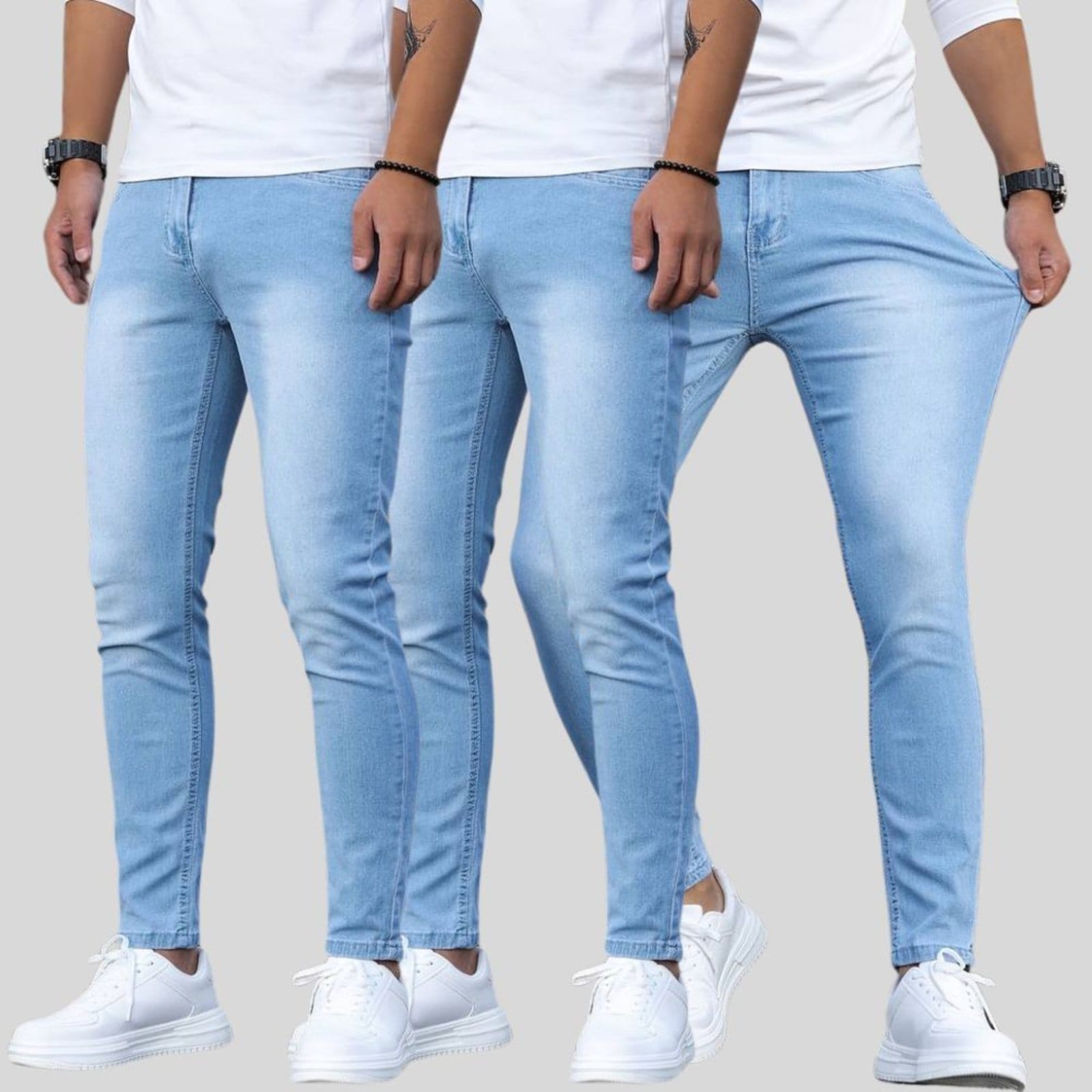 Vista principal Kit 3 Calças Masculina Lavagem Claro Skinny com Elastano e Costura Reforçada Lavagem Clara TEX JEANS jeans