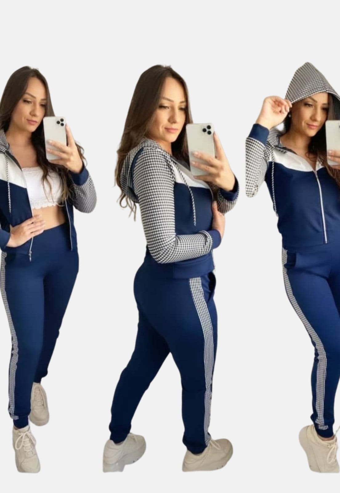 Vista 2 Conjunto Agasalho Summer Body com zíper e touca Xadrez com Summer Body azul