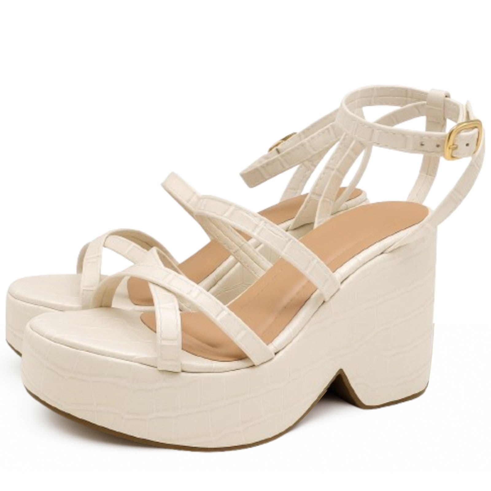 Vista 2 Sandália Feminina Meia Pata Tiras Salto Bloco Croco Off White 194002 Sete Sales branco white