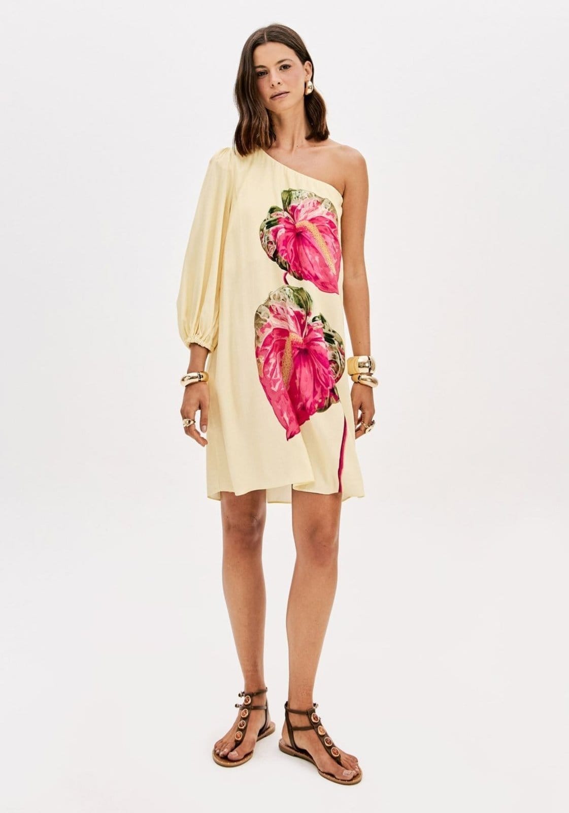 Vista principal Vestido Curto Ombro Único Estampado Lança Perfume rosa