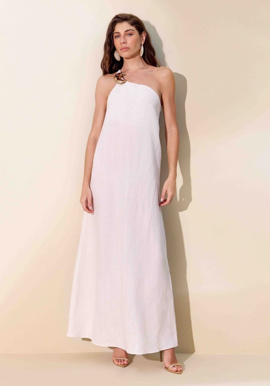 Vista principal Vestido Super Midi Ombro Único Com Linho Lança Perfume branco