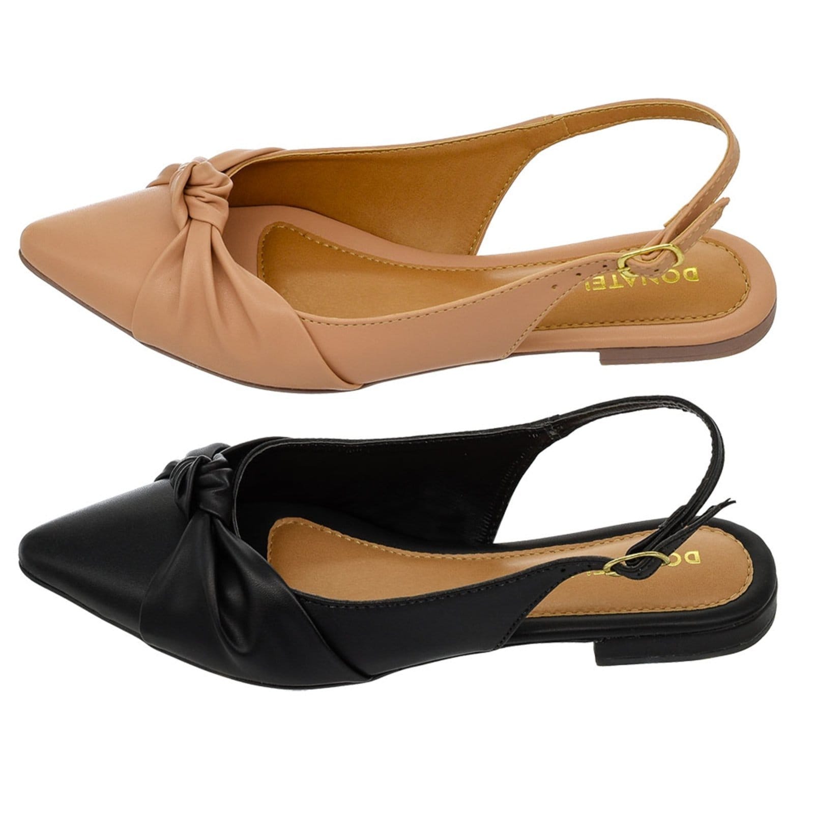 Kit 2 Pares Mule Feminino Sapatilha Bico Fino Donatella Shoes Rasteira Slingback Nó Preto e