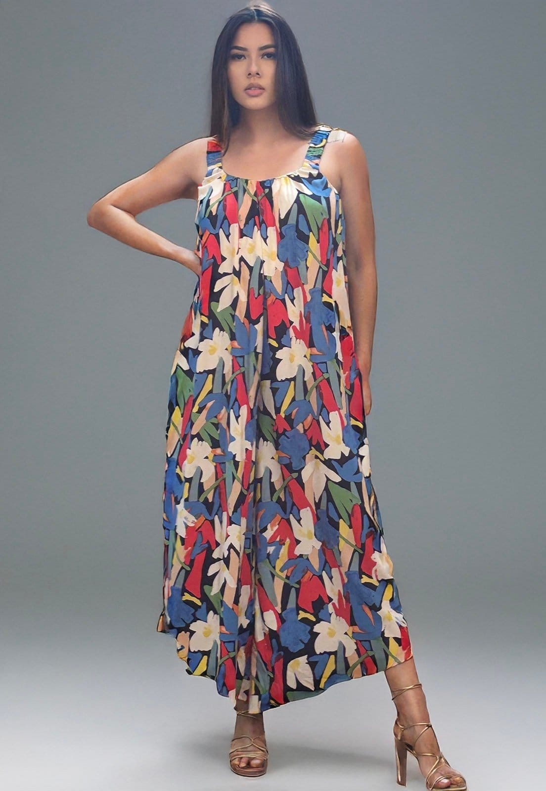 Vista 2 Macacão Amazonia Vital Saruel Viscose Alça com Elástico Estampa Floresce Amazonia Vital azul/estampado/preto/verde/vermelho