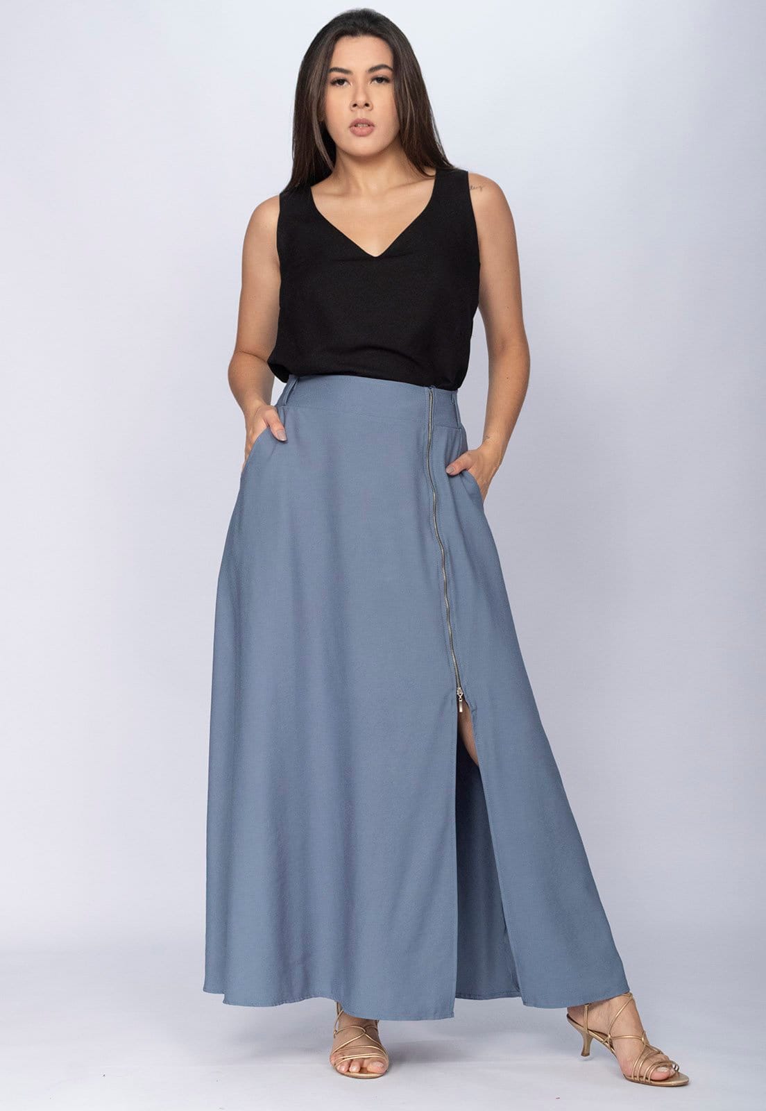 Saia Amazônia Vital Midi com Zíper Jeans