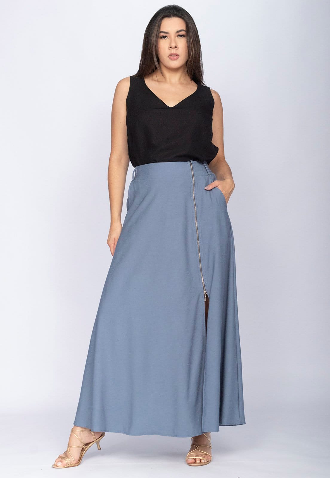 Vista 2 Saia Amazônia Vital Midi com Zíper Jeans Amazonia Vital azul