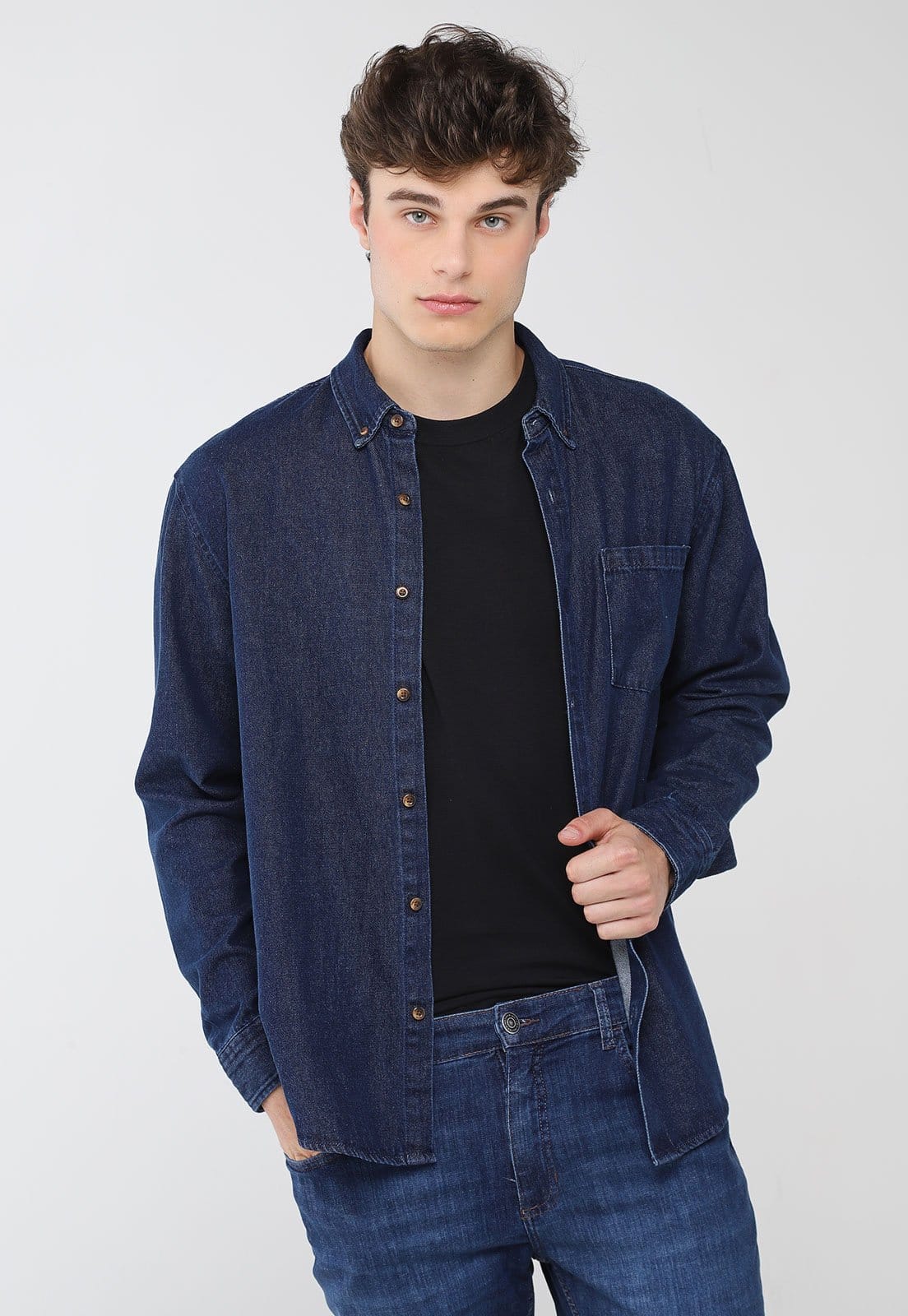 Vista 2 Camisa Masculina Hering Jeans Manga Longa Escuro Hering azul