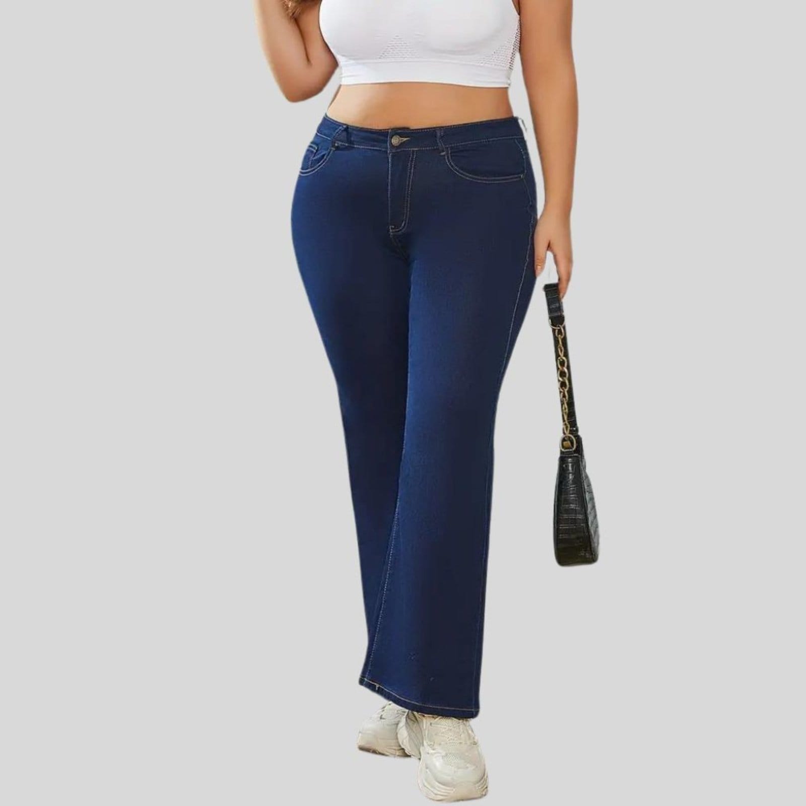 Calça Flare Plus Size Jeans Feminina Tex JEans Boca de Sino Cintura Alta Modeladora com Elastano Escuro