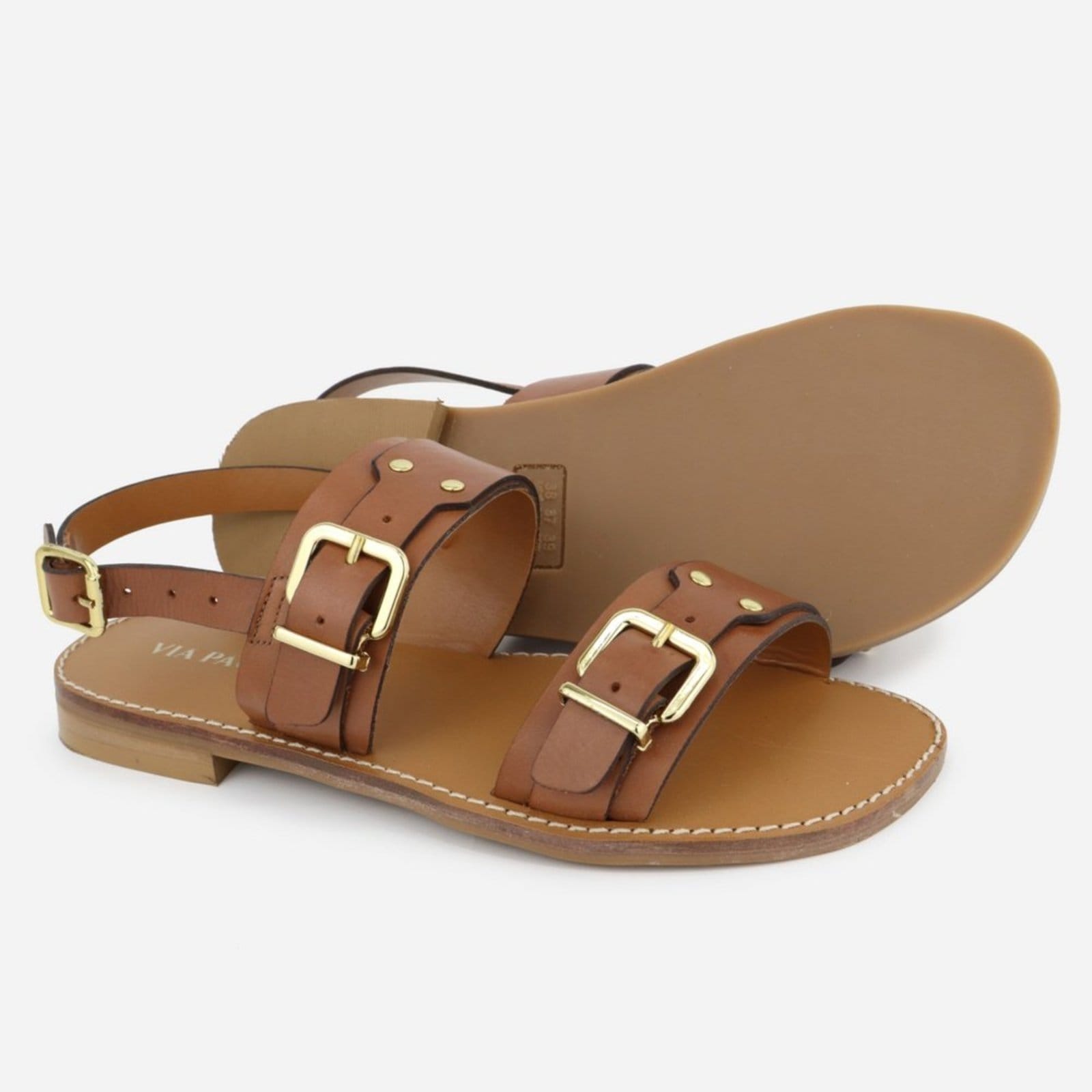 Vista 2 Sandália Rasteira Couro Maria Paula Fivelas MARIA PAULA caramelo