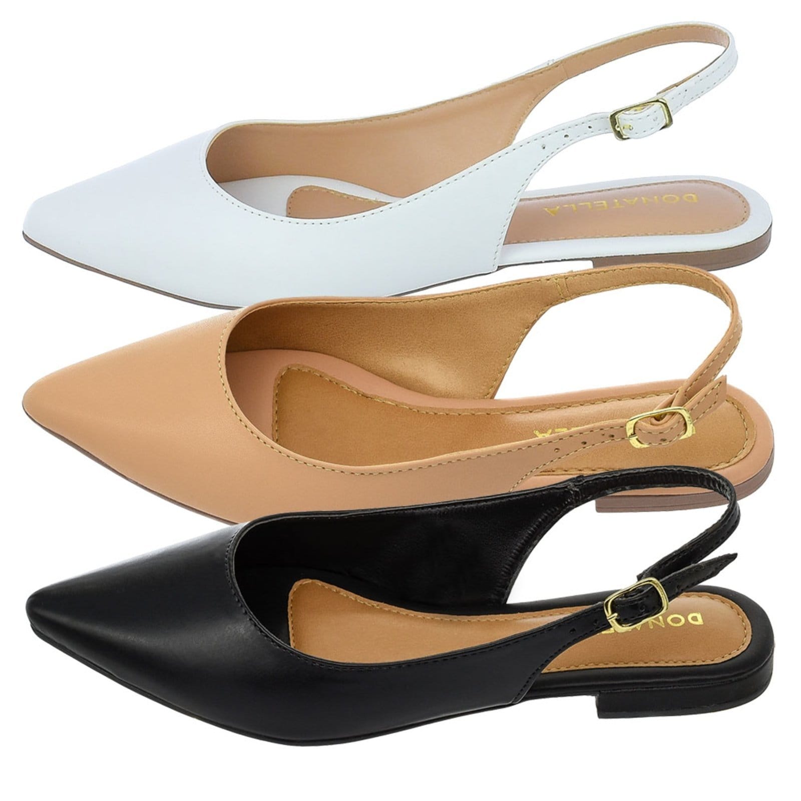 Vista principal Kit 3 Pares Mule Feminino Sapatilha Bico Fino Donatella Shoes Rasteira Slingback Nó Lisa Clássica Preto e Donatella Shoes branco/nude/preto nude