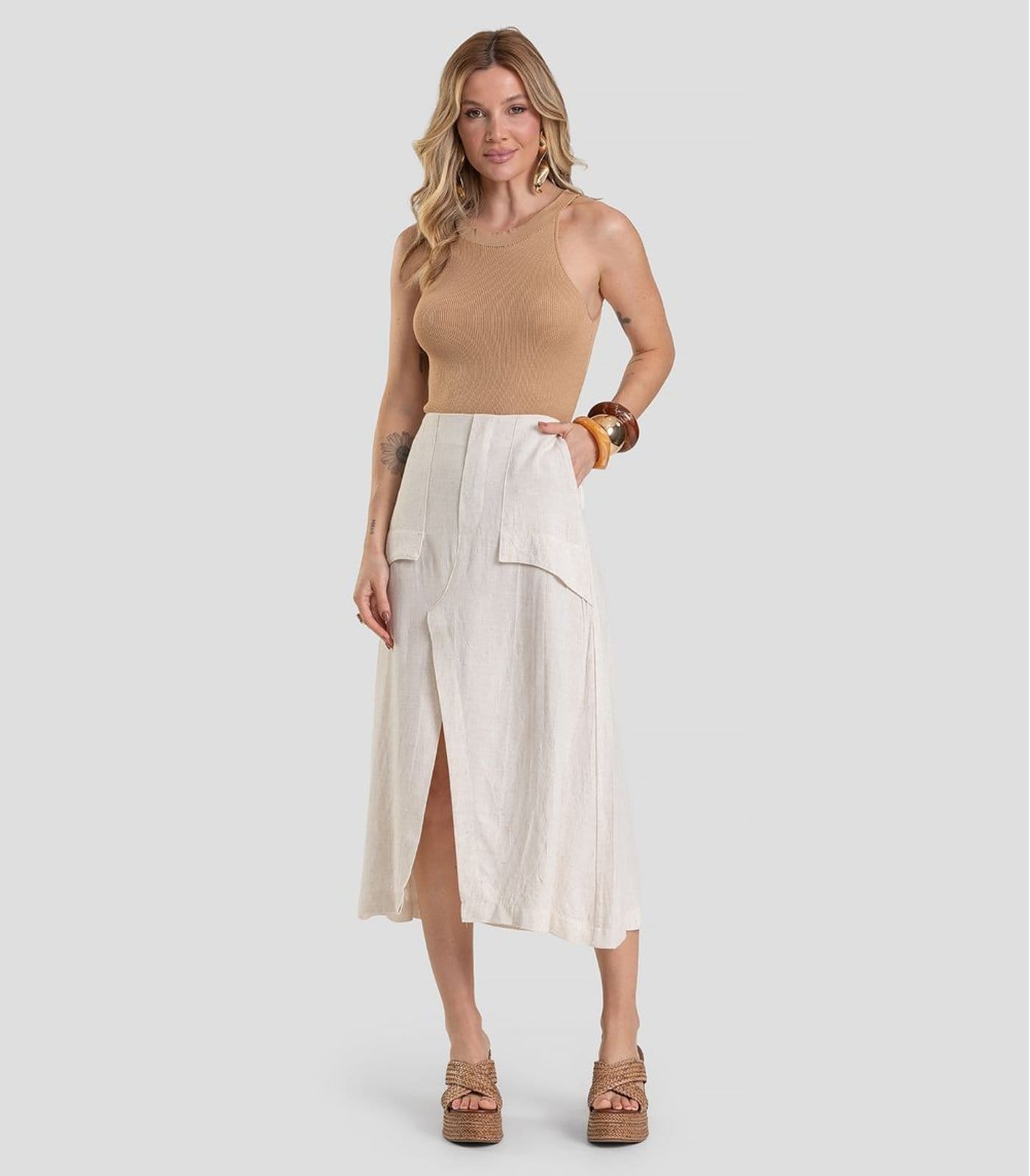 Saia Midi Feminina em Linho Dianna