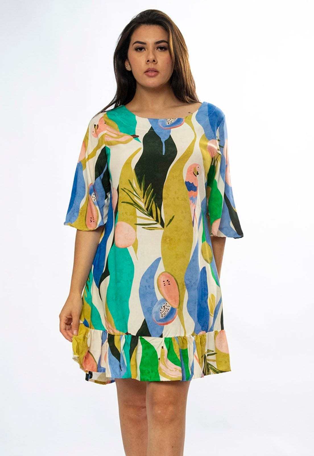 Vista 2 Vestido Amazonia Vital Curto Viscose Estampa Selva Urbana Amazonia Vital azul/estampado/rosa