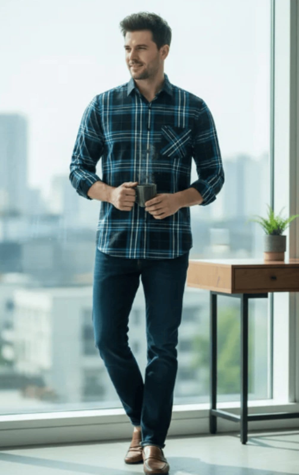 Vista 2 Camisa Social Amil Infor Comfort Xadrez Algodão Macia Fácil de Passar Luxo Cor02 Amil preto/verde