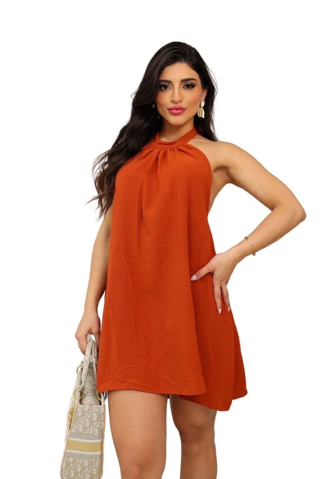 Vista 2 Vestido Curto Frente Única Luenny Terracota Cia do Vestido marrom