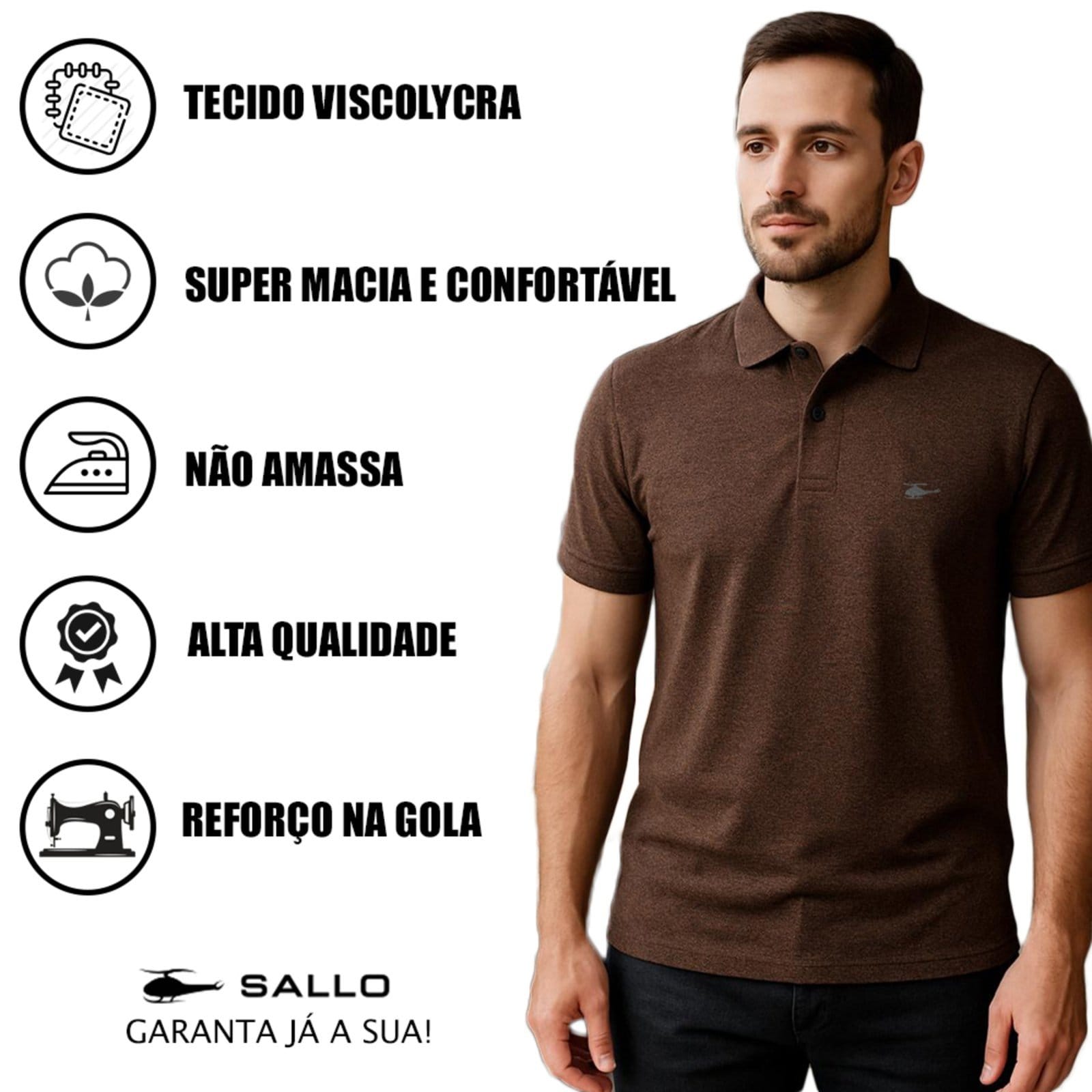 Vista 2 Camiseta Polo Masculina Básica Sallo Premium Misto Rust Sallo marrom