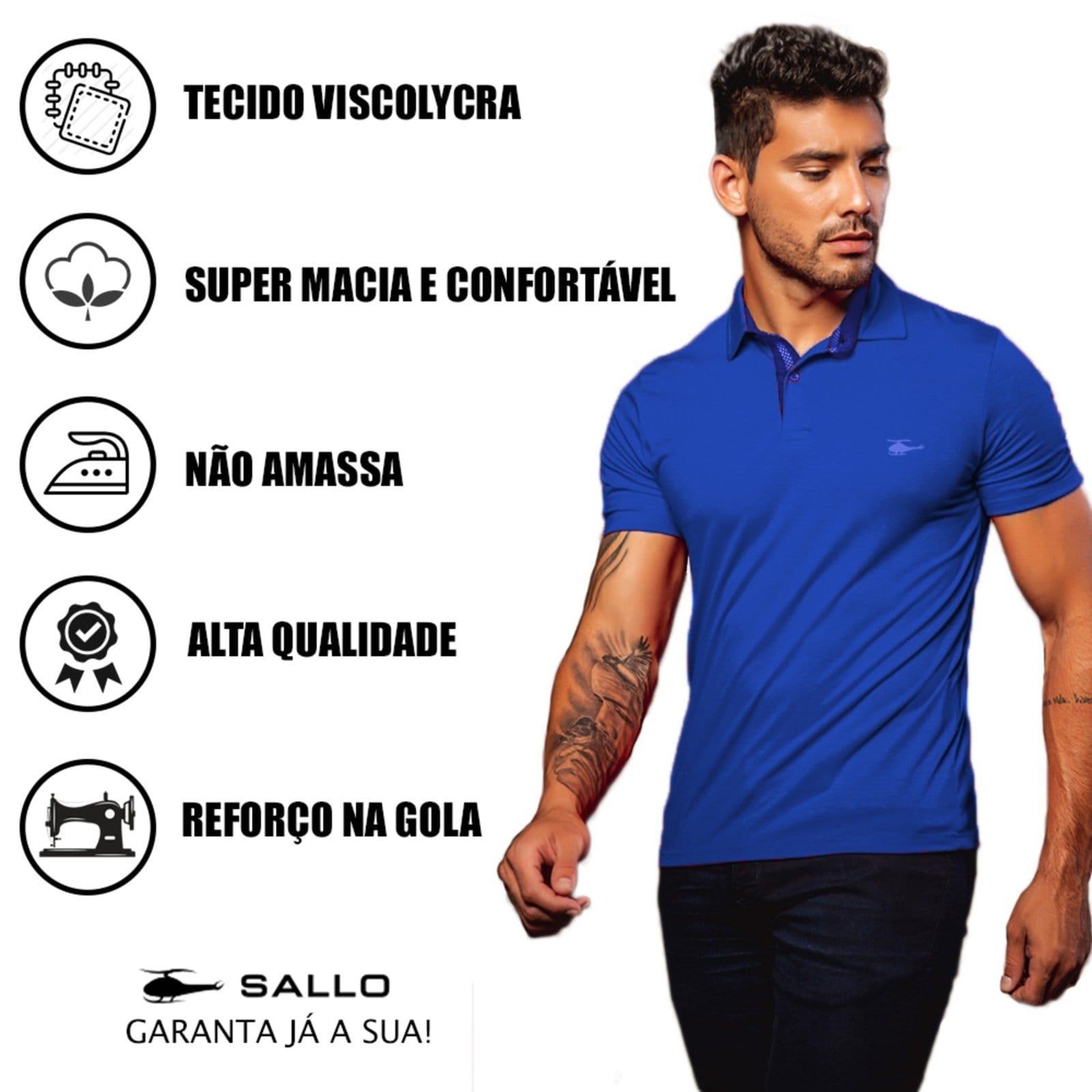 Vista 2 Camiseta Polo Masculina Básica Sallo Premium Caneta Sallo azul