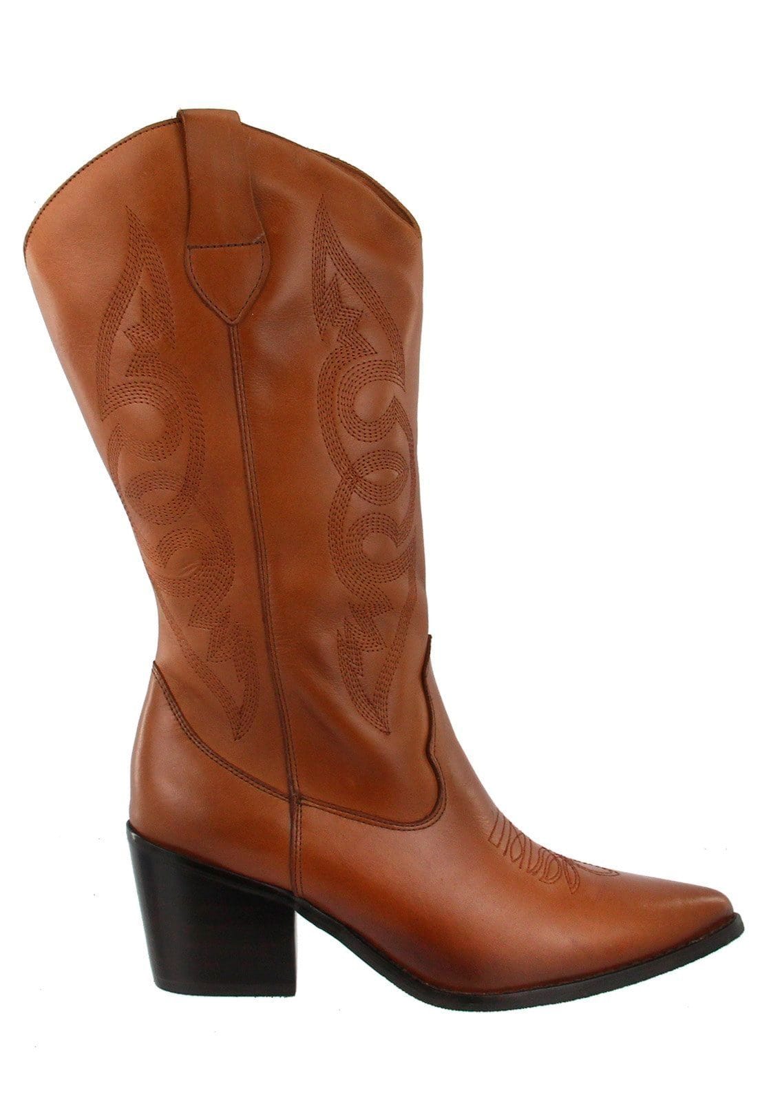 Bota Western Cowgirl Texana Country Em Couro Feminina Bico Fino Maria Paula Camel