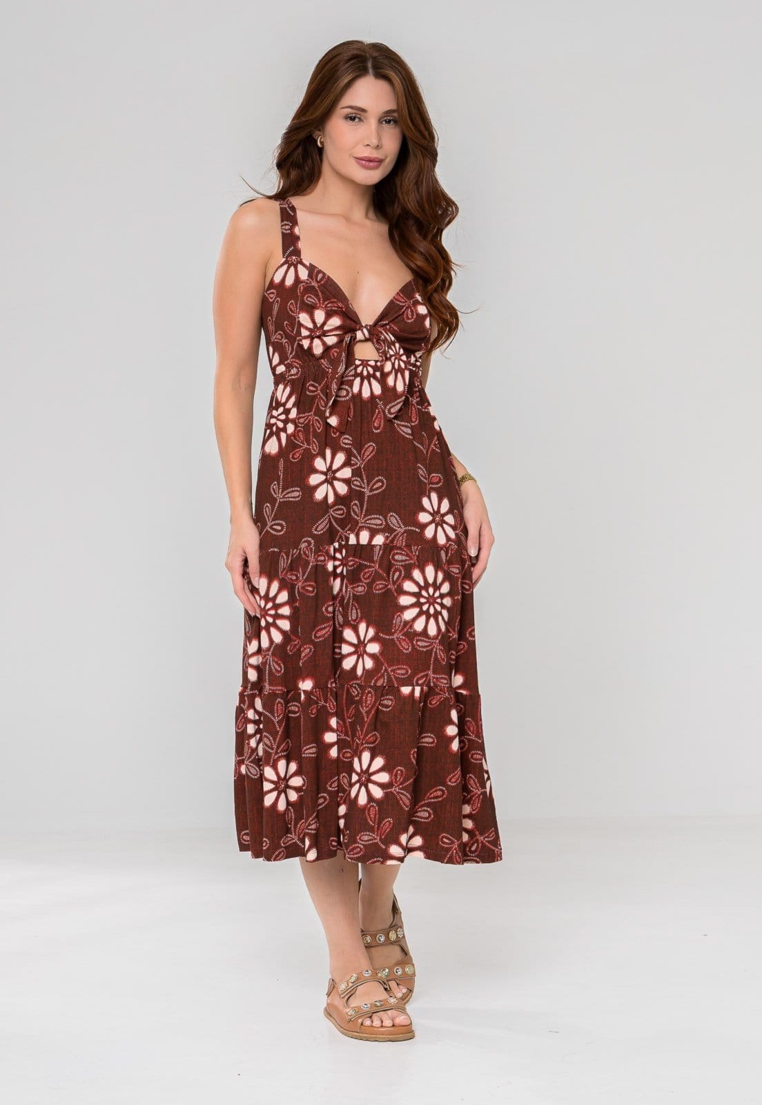 Vista principal Vestido Aura Ikat Floral Terracota Aura laranja