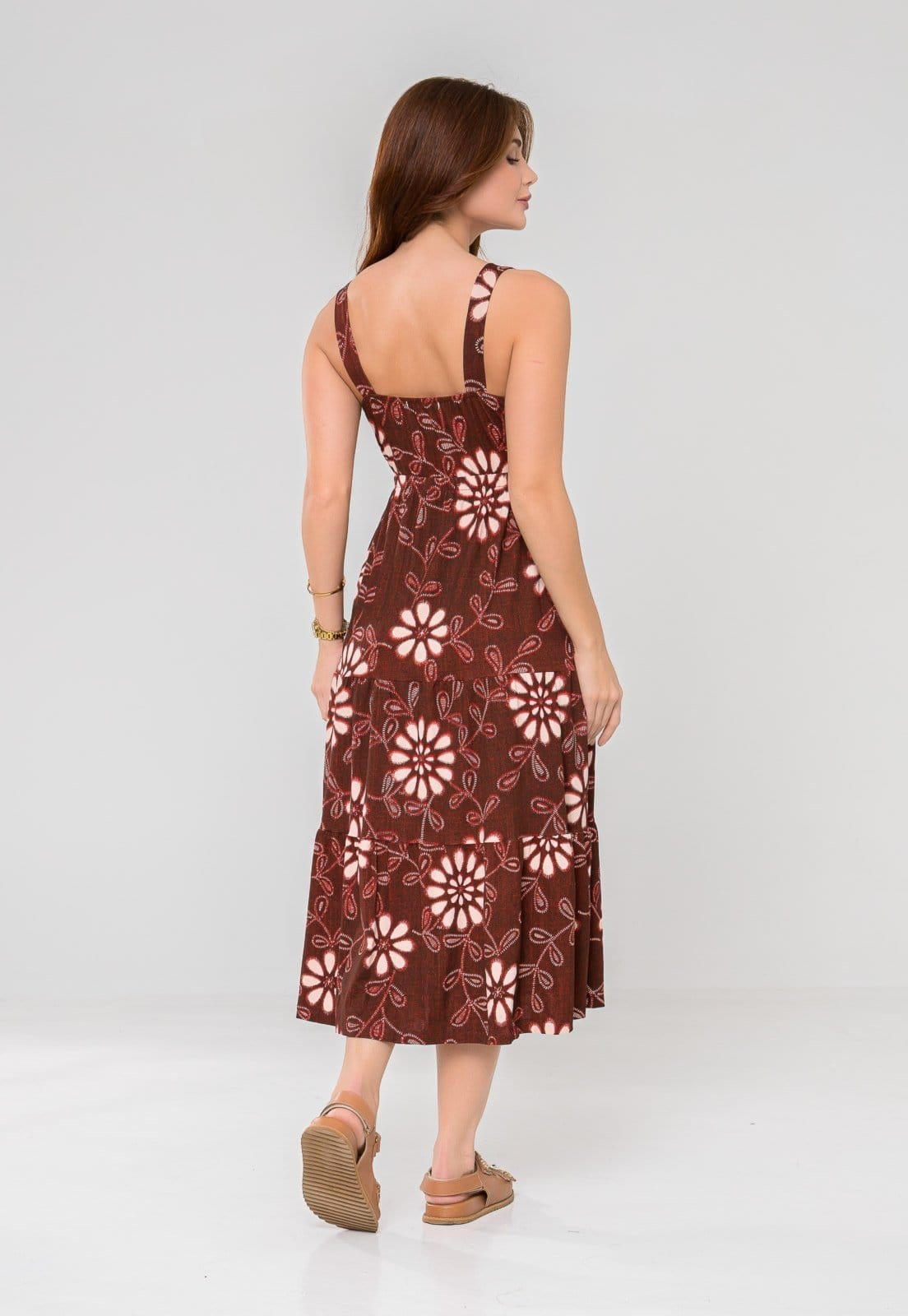 Vista 2 Vestido Aura Ikat Floral Terracota Aura laranja