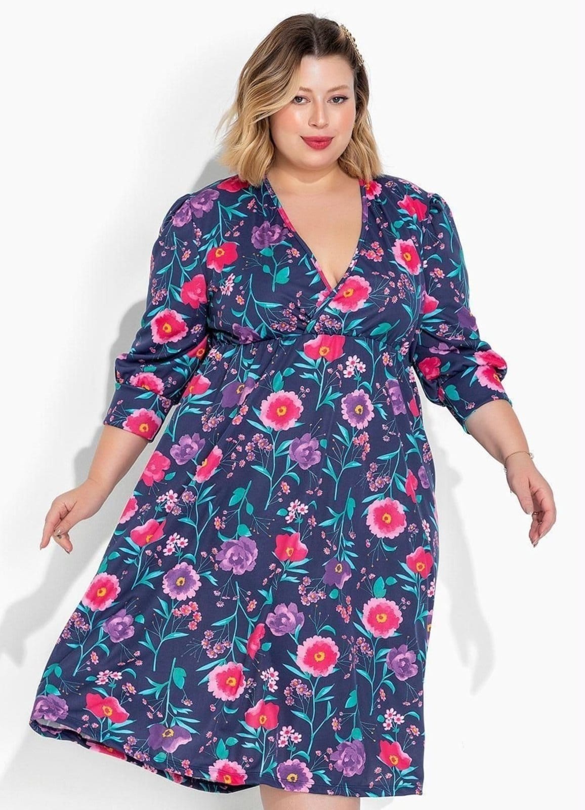 Vestido Manga Bufante Plus Size Floral Marinho