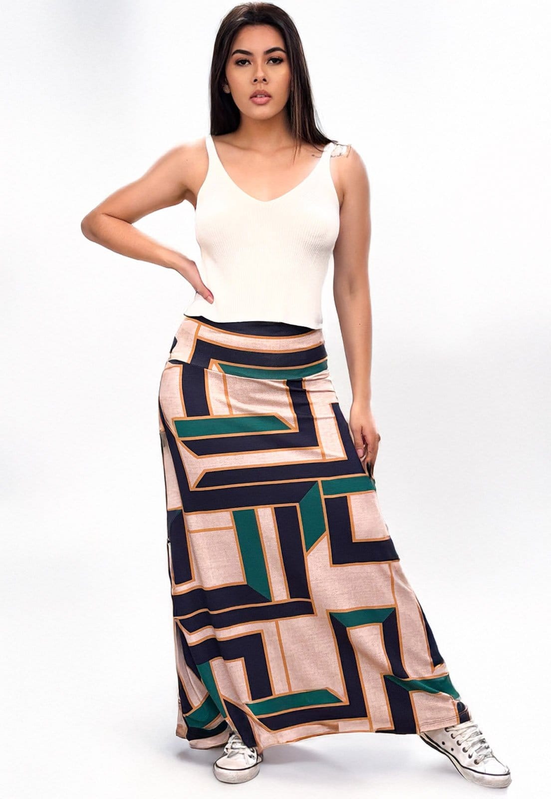 Vista 2 Saia Longa Cabanafree Malha SAZ Estampa Chapada de Areia Cabanafree estampado/marrom