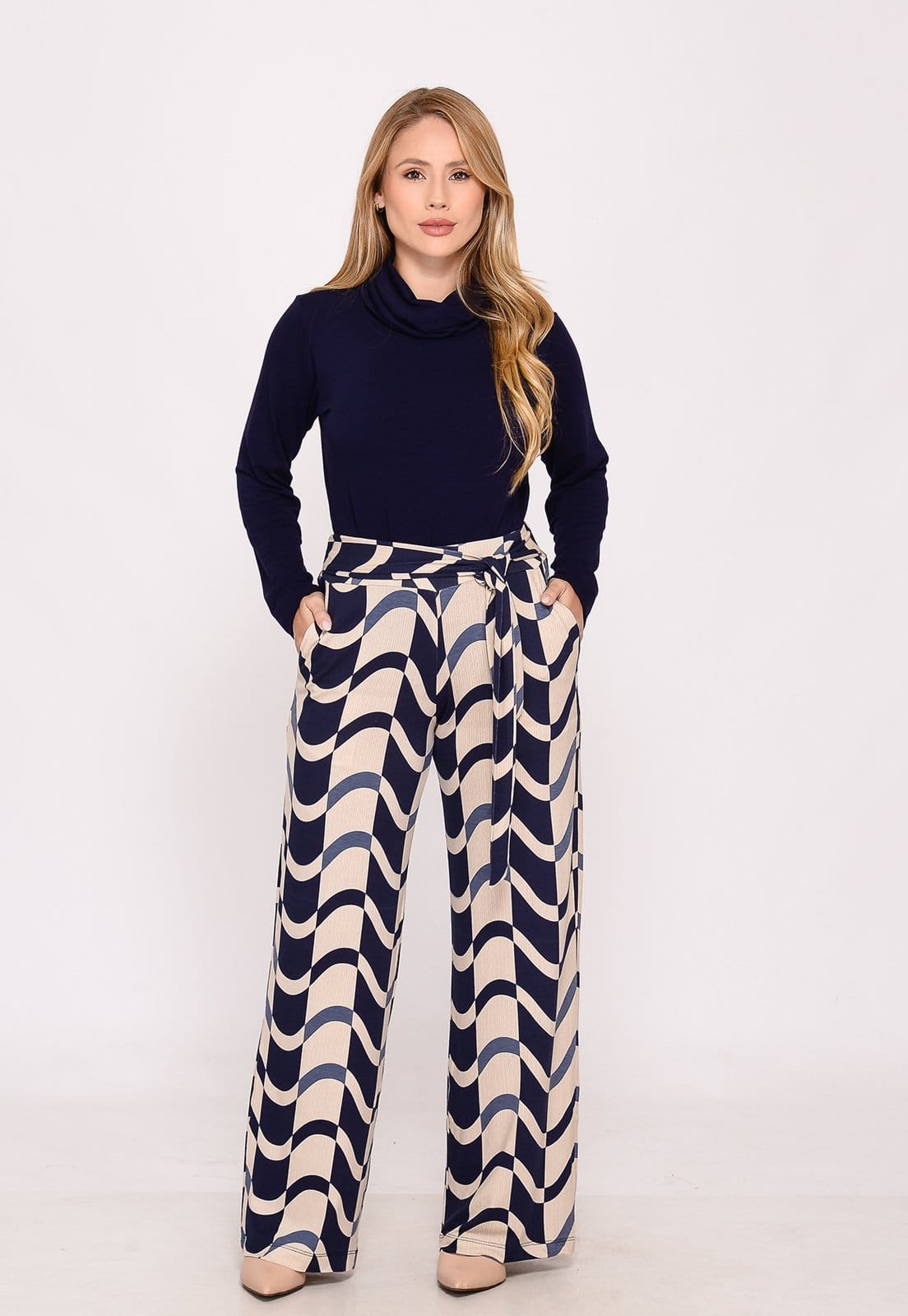 Calça Pantalona Cós largo Bolsos BBonnie Sheila Bege