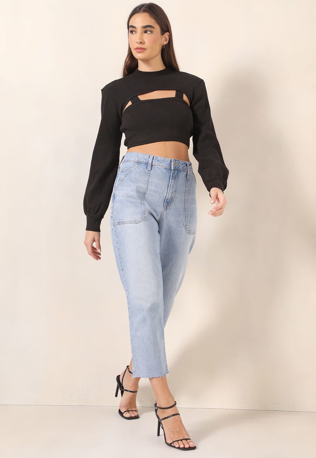 Blusa Cropped Tricot Morena Rosa Manga Bufante Preta - 2