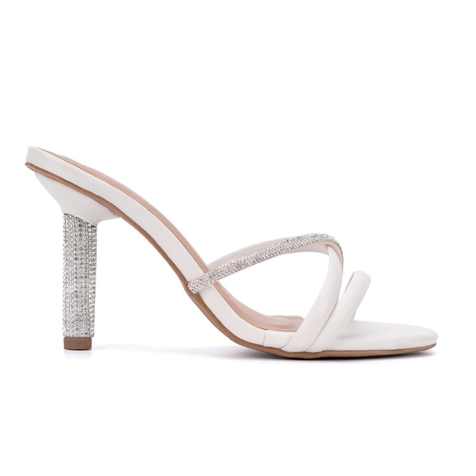 Vista 2 Sandália Feminina Off White Tiras Triplas Salto Alto De Strass Domidona off-white white