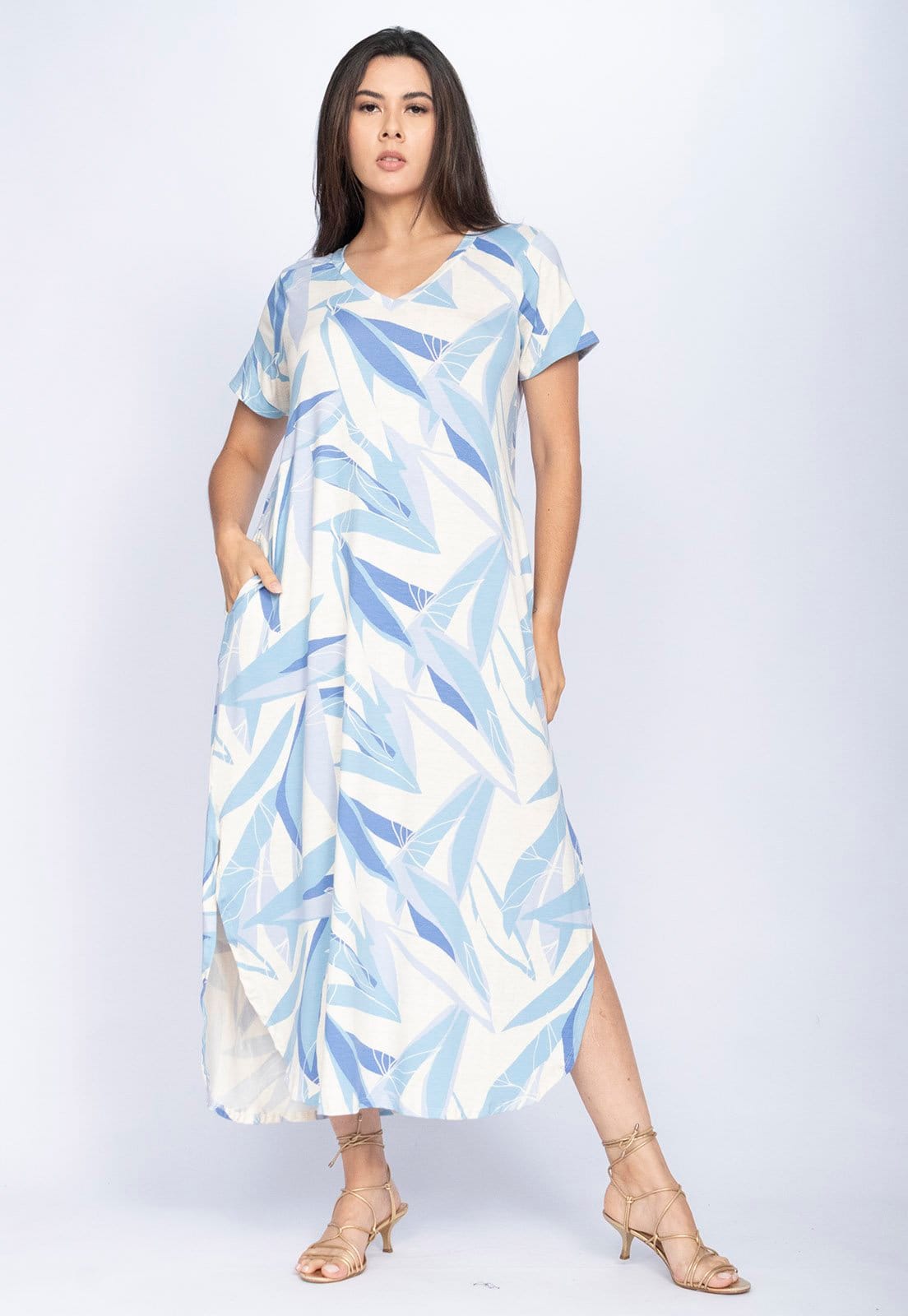 Vista principal Vestido CabanaFree Midi Abapã Malha com Bolso Estampa Verde Selvagem Blue Cabanafree azul/estampado verde