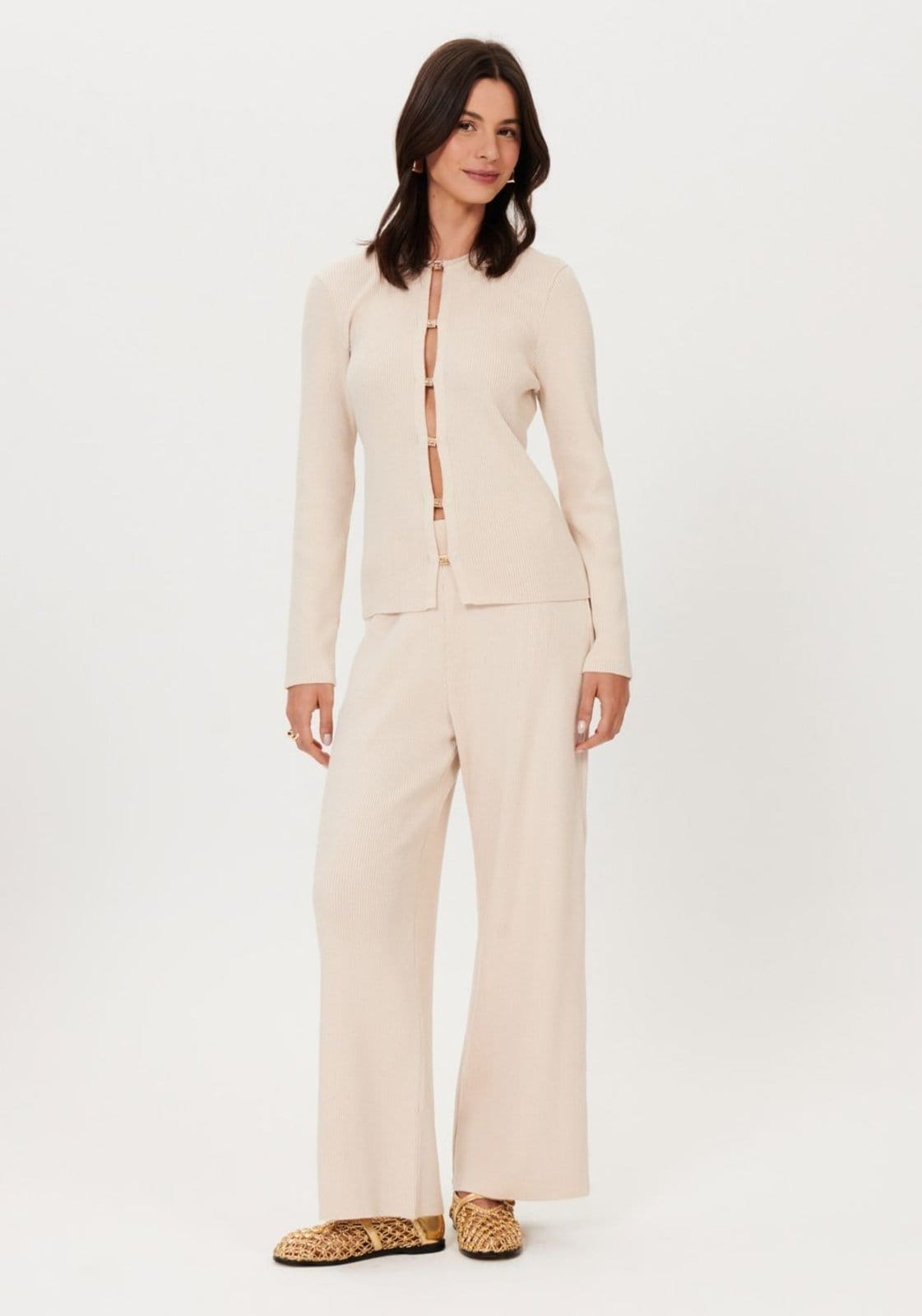 Vista principal Calça Tricô Reta De Cintura Alta Lança Perfume bege