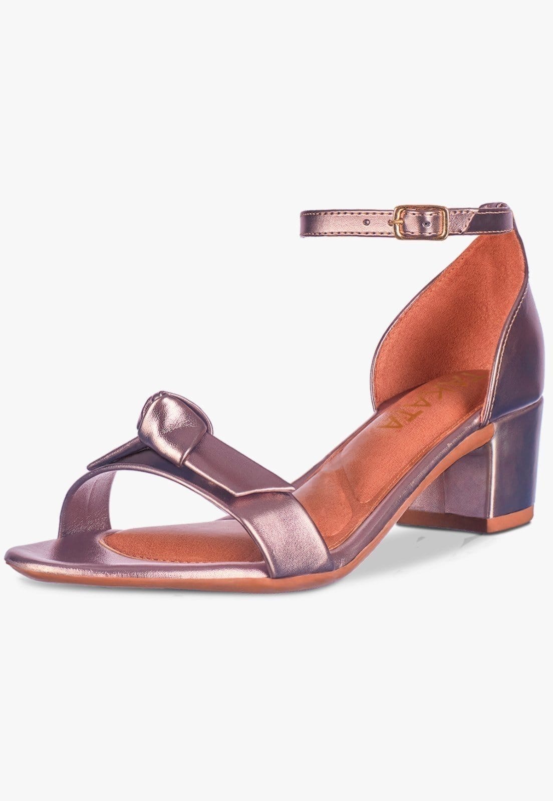 Vista principal Sandália Feminina Salto Quadrado Bloco Baixo Laço Nó Metalizado Pratavelho TAKATA BY RAFAEL TAKATA prata velho