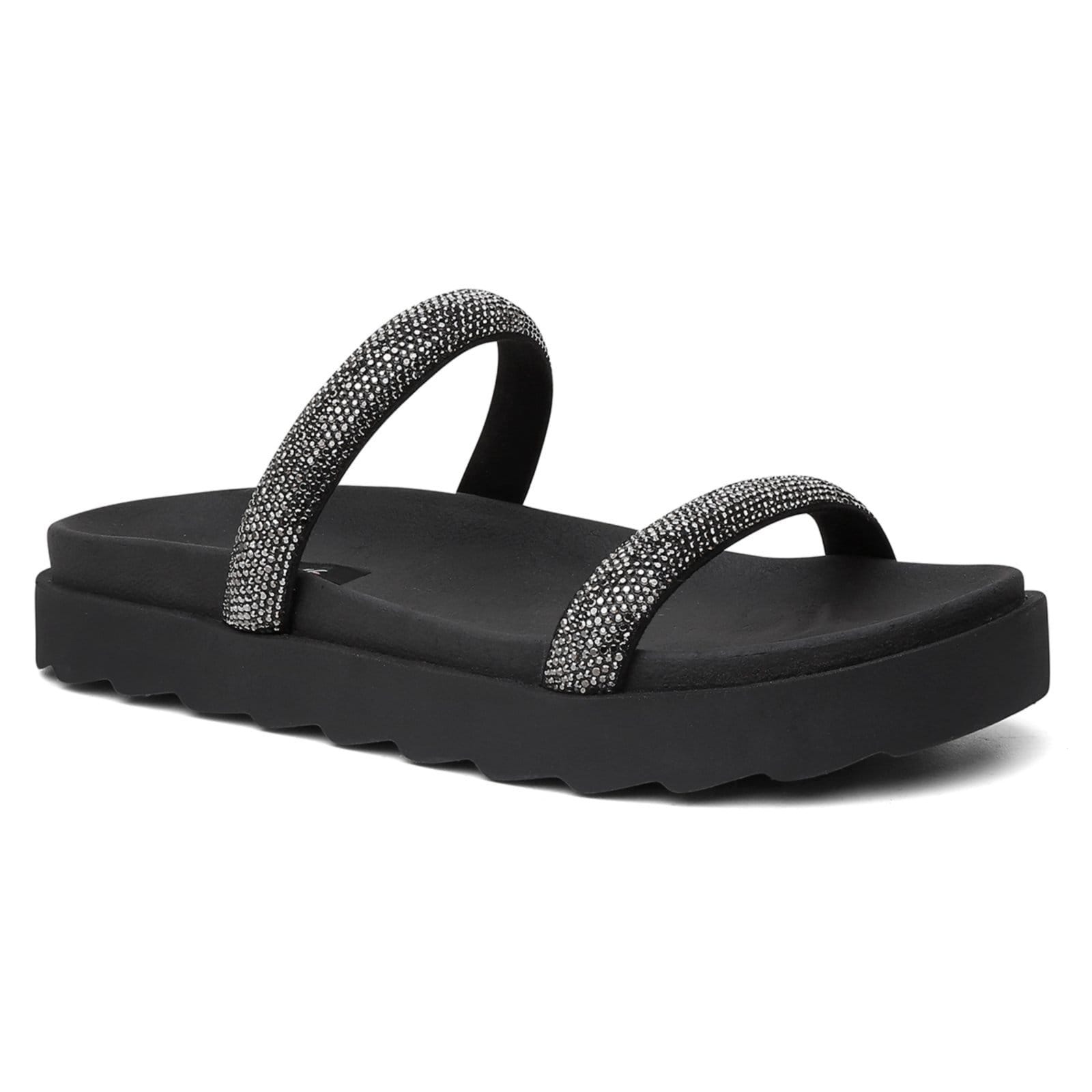 Sandália Papete Feminina Preta Strass Brilho Flatform Tiras Conforto