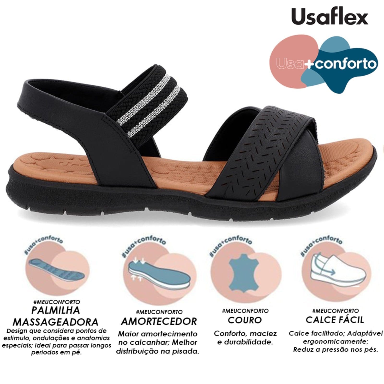 Vista 2 Sandália Papete Usaflex Baixa Couro Elástico Confortoplantar Usaflex preto