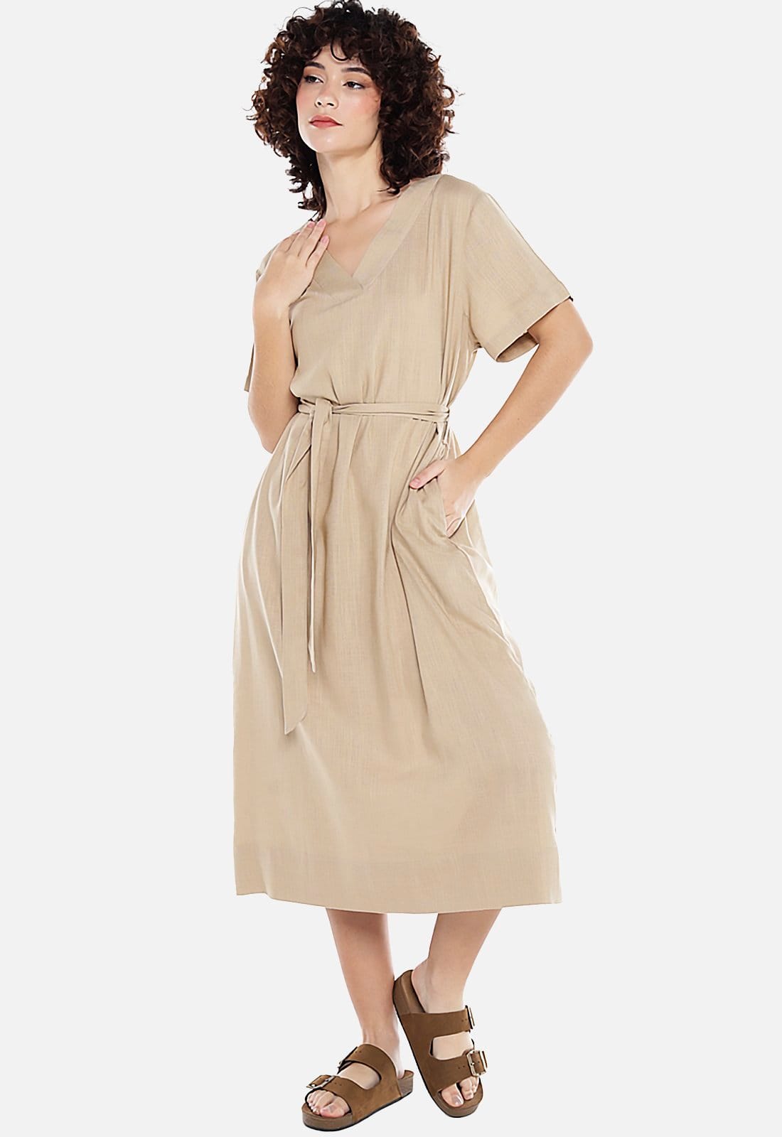 Vista 2 Vestido de Linho Midi com Bolsos Manga Curta SOB bege