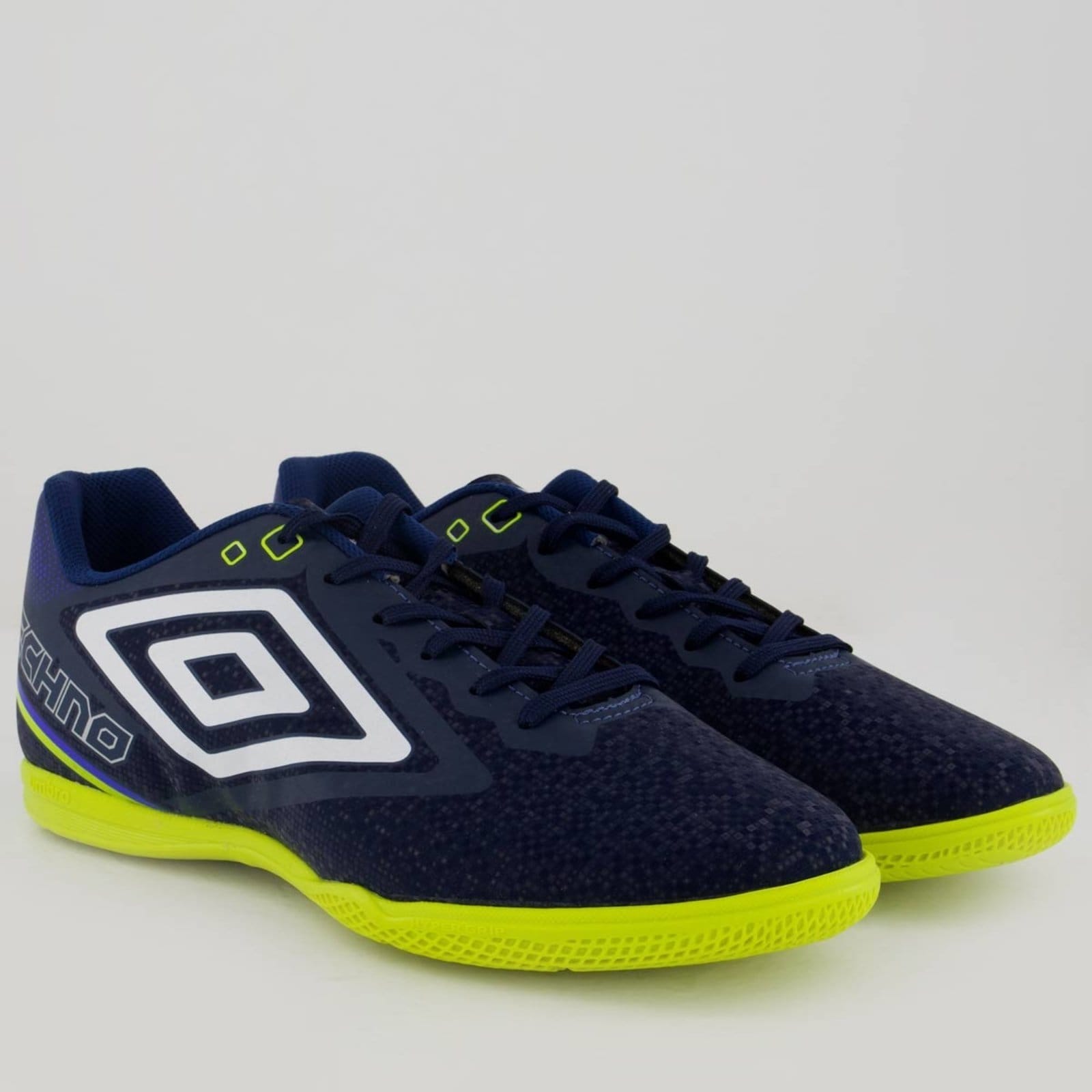 Vista 2 Chuteira Umbro Techno II Futsal Marinho e Verde Umbro azul marinho verde