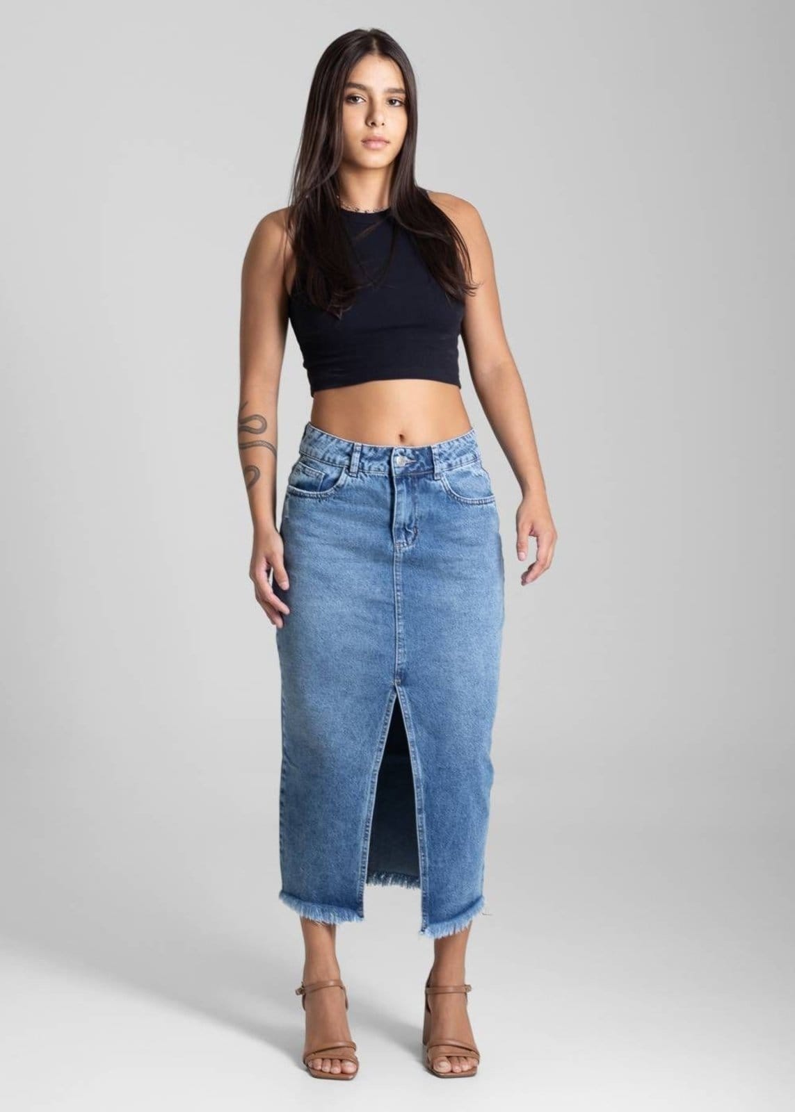 Vista 2 Saia Jeans Sawary Midi - 281991 Sawary azul