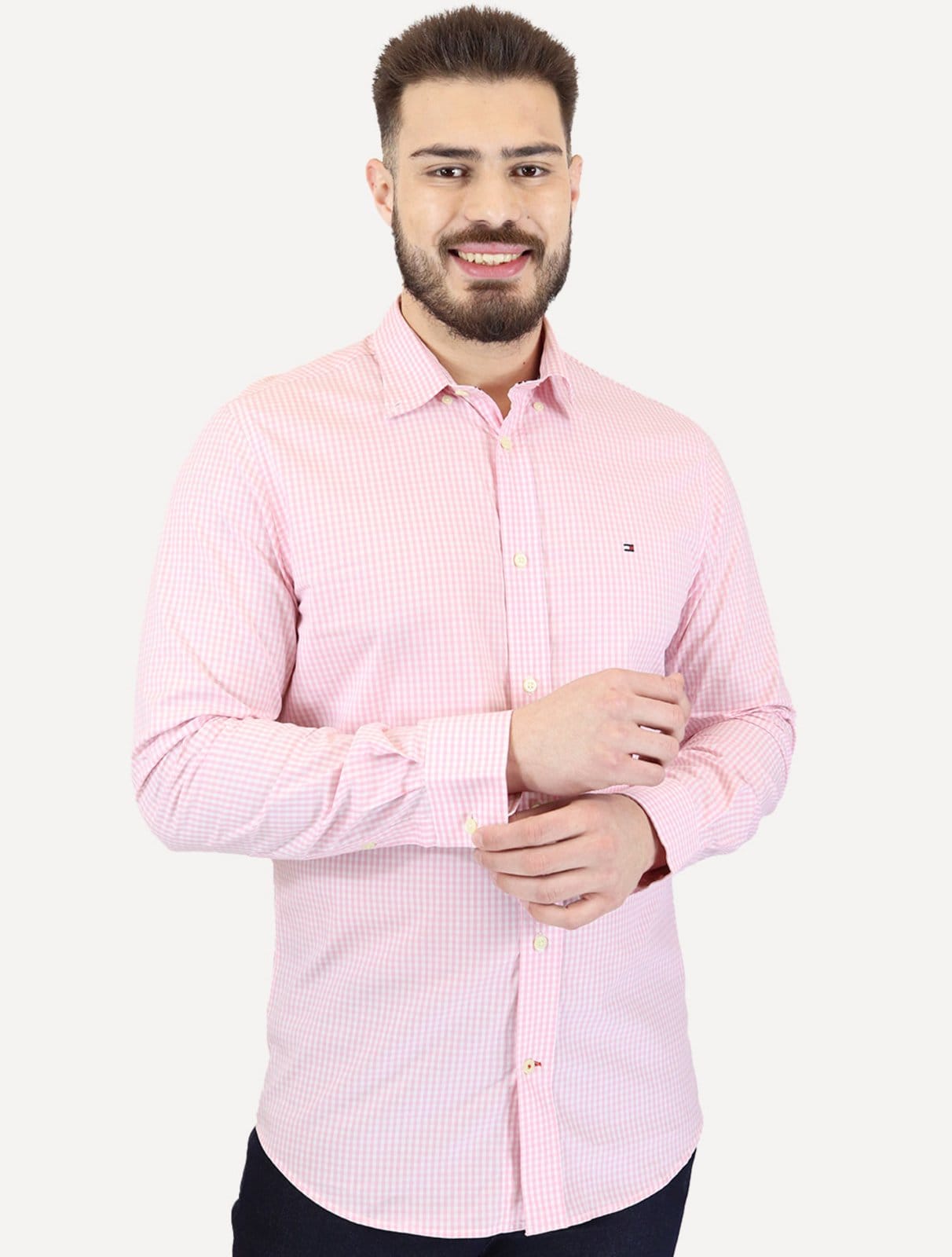 Vista principal Camisa Tommy Hilfiger Masculina Xadrez Gingham Branca Médio Tommy Hilfiger rosa