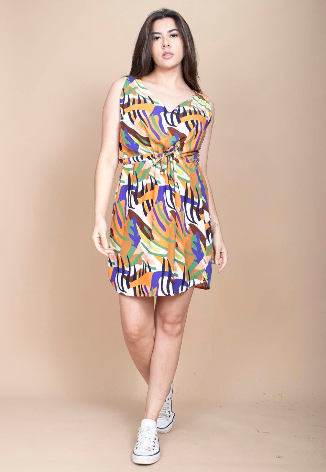 Vista principal Vestido Cabanafree Plano Curto Estampa Cores Vibrantes Cabanafree azul/estampado/laranja/verde