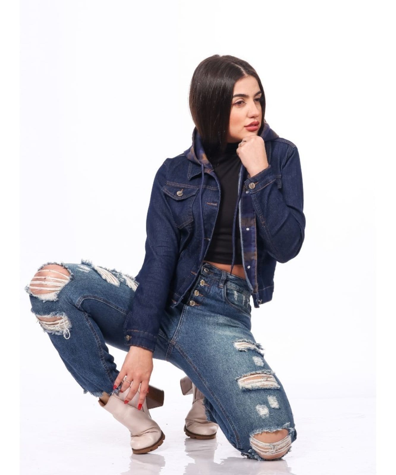 Jaqueta Feminina Razon jeans Capuz Removivel Xadrez Azul Lavagem escura