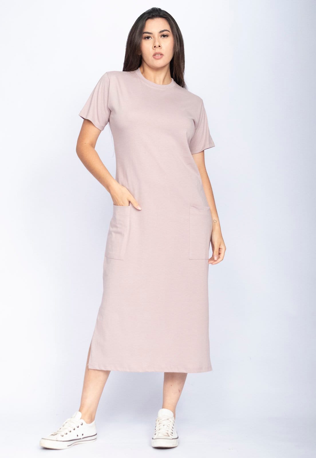 Vista principal Vestido Cabanafree Midi Easy Algodão Manga Curta Malva Cabanafree rosa