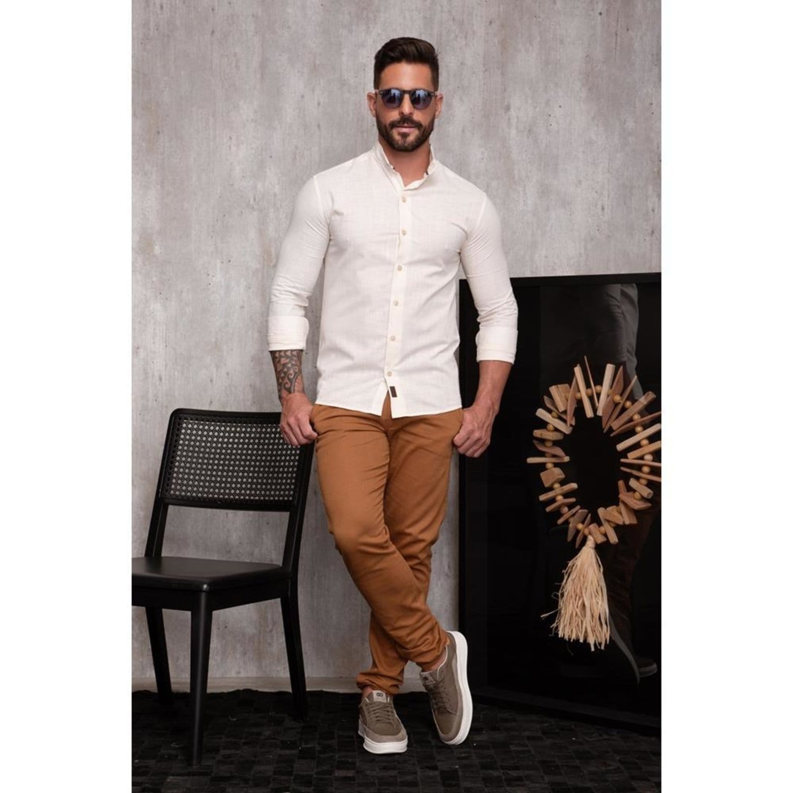 Camisa Masculina Linho Manga Longa Gola Padre Lisa Casual Azul Claro G Bege - 2