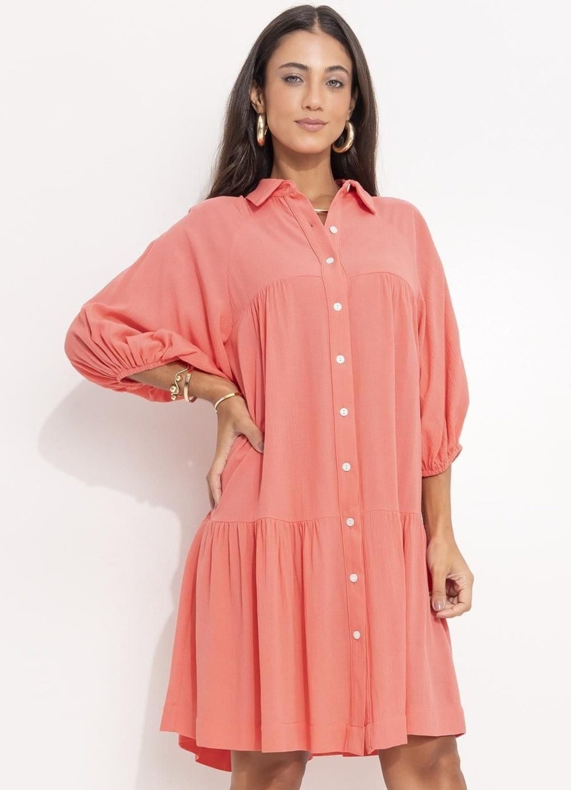 Vestido Feminino Salmão Em Viscose Plana
