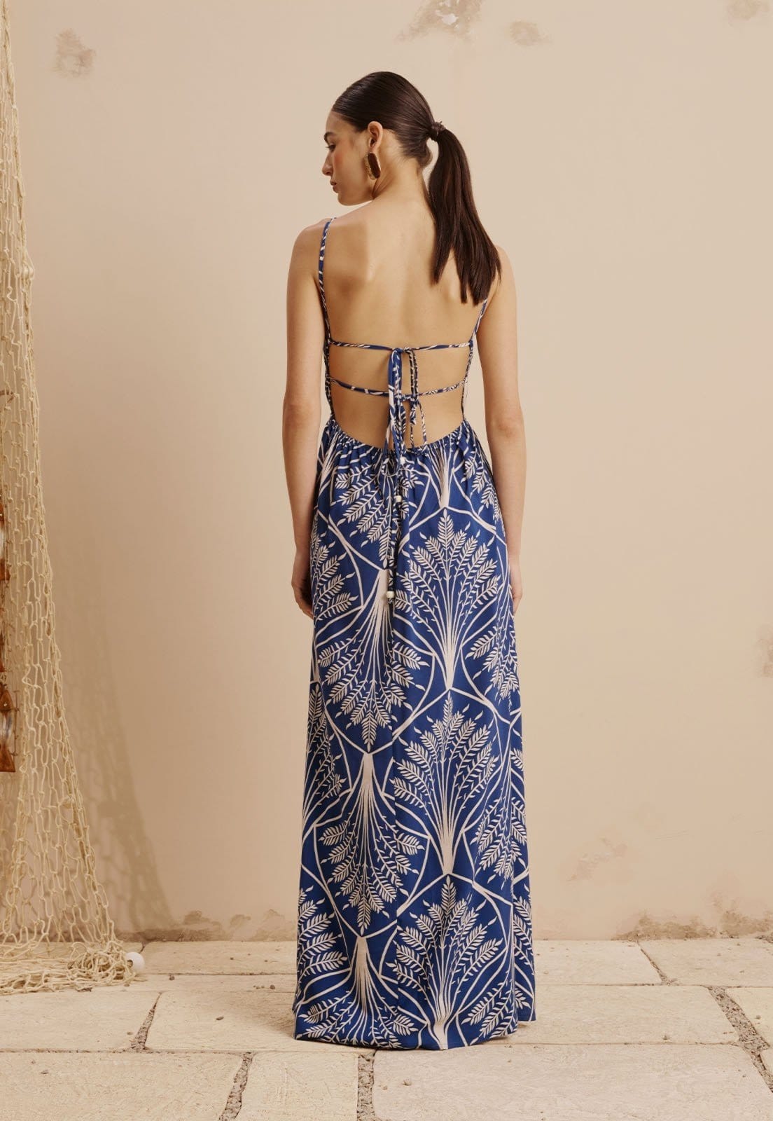 Vista 2 Vestido Longo Túnel Cintura Estampado Miriti CaCay azul