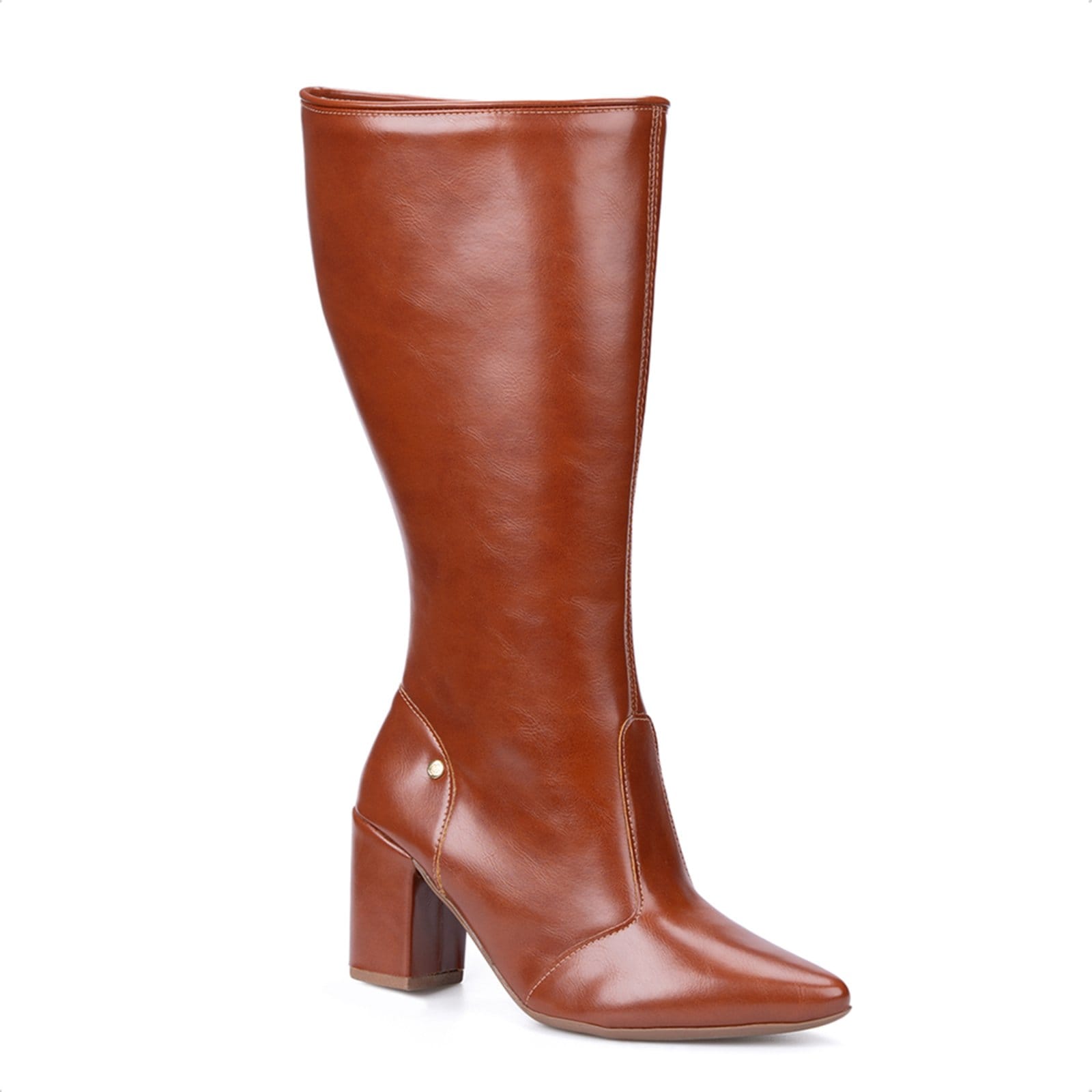 Vista principal Bota Social Domidona Feminina Cano Alto Bico Fino Salto Alto Bloco Domidona caramelo